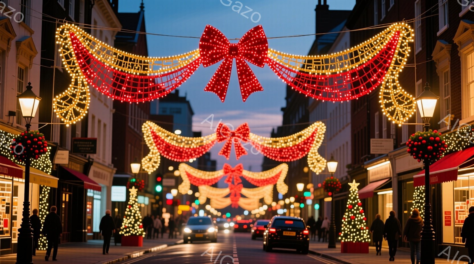 街路はクリスマス装飾で華やかに彩られ、赤いリボンと電飾がアーチ状に並んでいます。歩行者や車両が少ない時間帯のようで、人々はコートを着て歩いており、その表情ははっきりとわかりません。建物はレンガ造りで、クリスマスの飾り付けと街灯が暖かく、穏やかな雰囲気を醸し出しています。