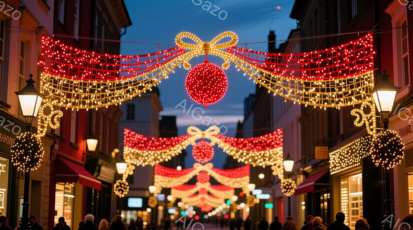 街路はクリスマス装飾で華やかに彩られ、赤いオーナメントと電飾が空を覆っています。人々はコートやジャケットを着ており、遠くに見える姿から冬の寒さを感じさせます。背景にはレンガ造りの建物が立ち並び、クリスマスの温かく幻想的な雰囲気を醸し出しています。