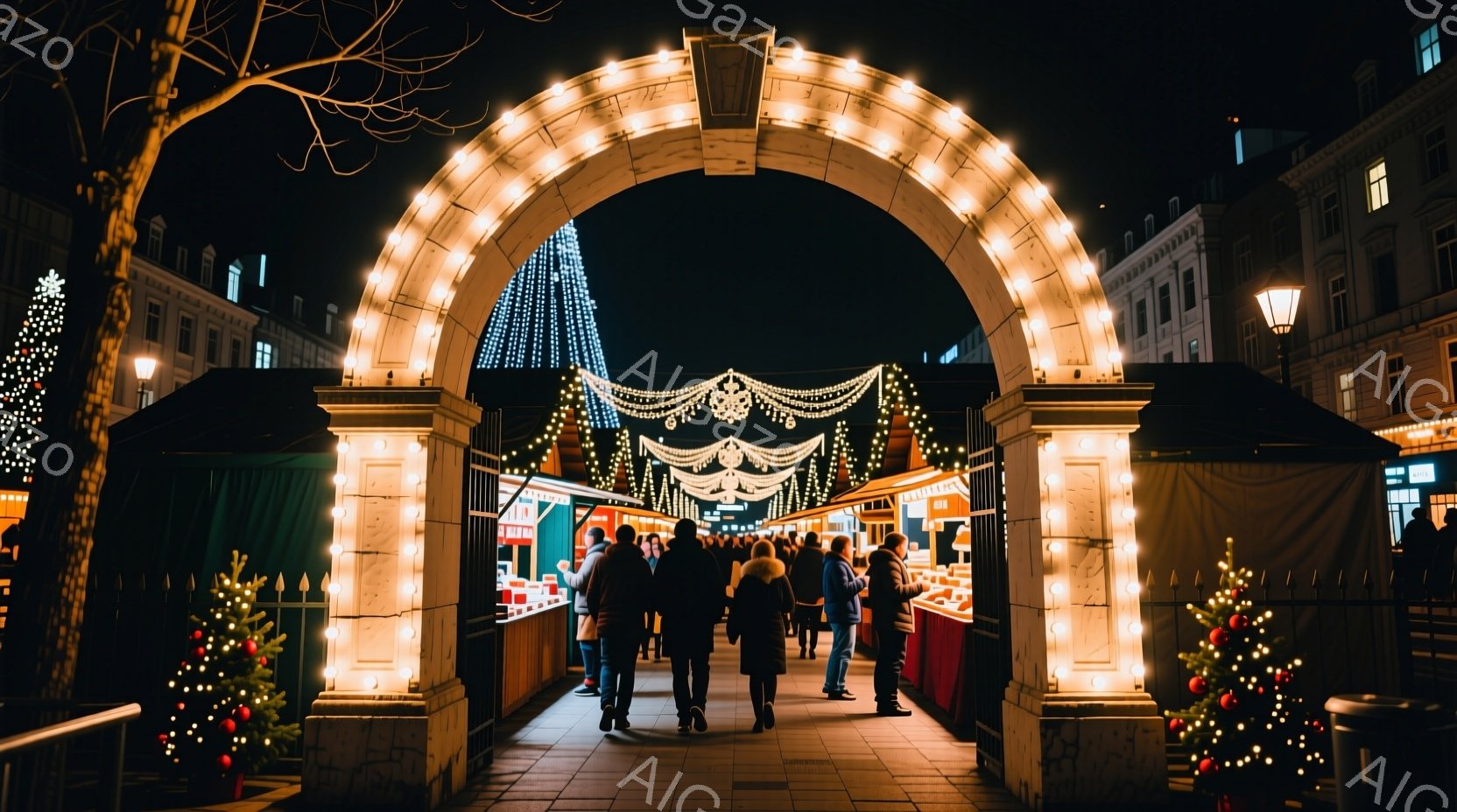 クリスマスマーケットの入り口を人々が歩いている様子が写っている。人々は冬のコートやジャケットを着ており、後ろ姿からは表情は読み取れないが、楽しげな雰囲気が伝わってくる。背景には、ライトアップされた建物やクリスマスツリー、そしてマーケットの屋台が並び、夜空に輝くイルミネーションが暖かい光を放っている。
