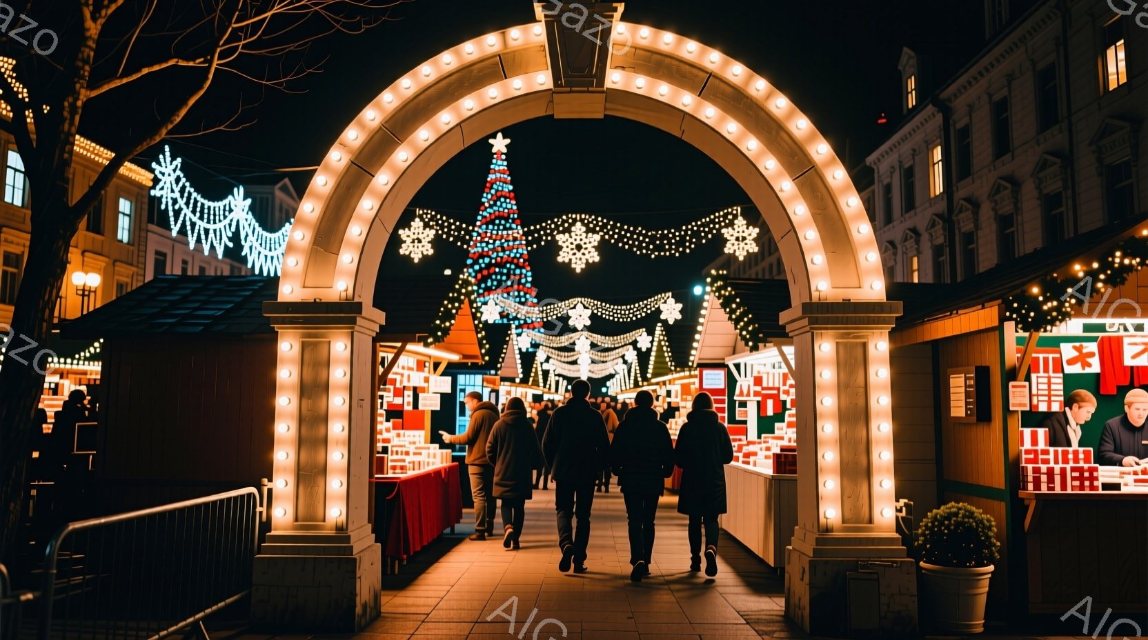 夜のクリスマスマーケットの入り口を人々が歩いている様子が写っている。入り口は電球で飾られたアーチ状になっており、奥にはクリスマスツリーと様々な店が並んでいる。人々の服装は冬物で、後ろ姿しか見えないため表情は不明だが、賑やかなクリスマスの雰囲気が感じられる。