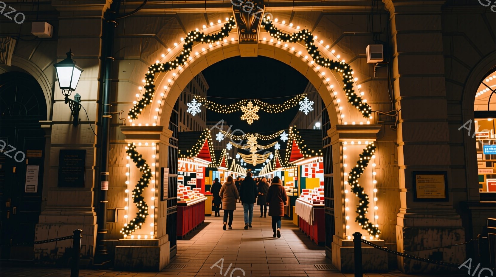 アーチ状の入り口が、暖かい光のイルミネーションで飾られています。人々はコートを着て、クリスマスマーケットのような場所を歩いており、後ろ姿からは表情を読み取ることはできませんが、楽しげな雰囲気が伝わってきます。背景には市場の屋台が並び、石造りの建物が薄暗い夜の空に浮かび上がっています。