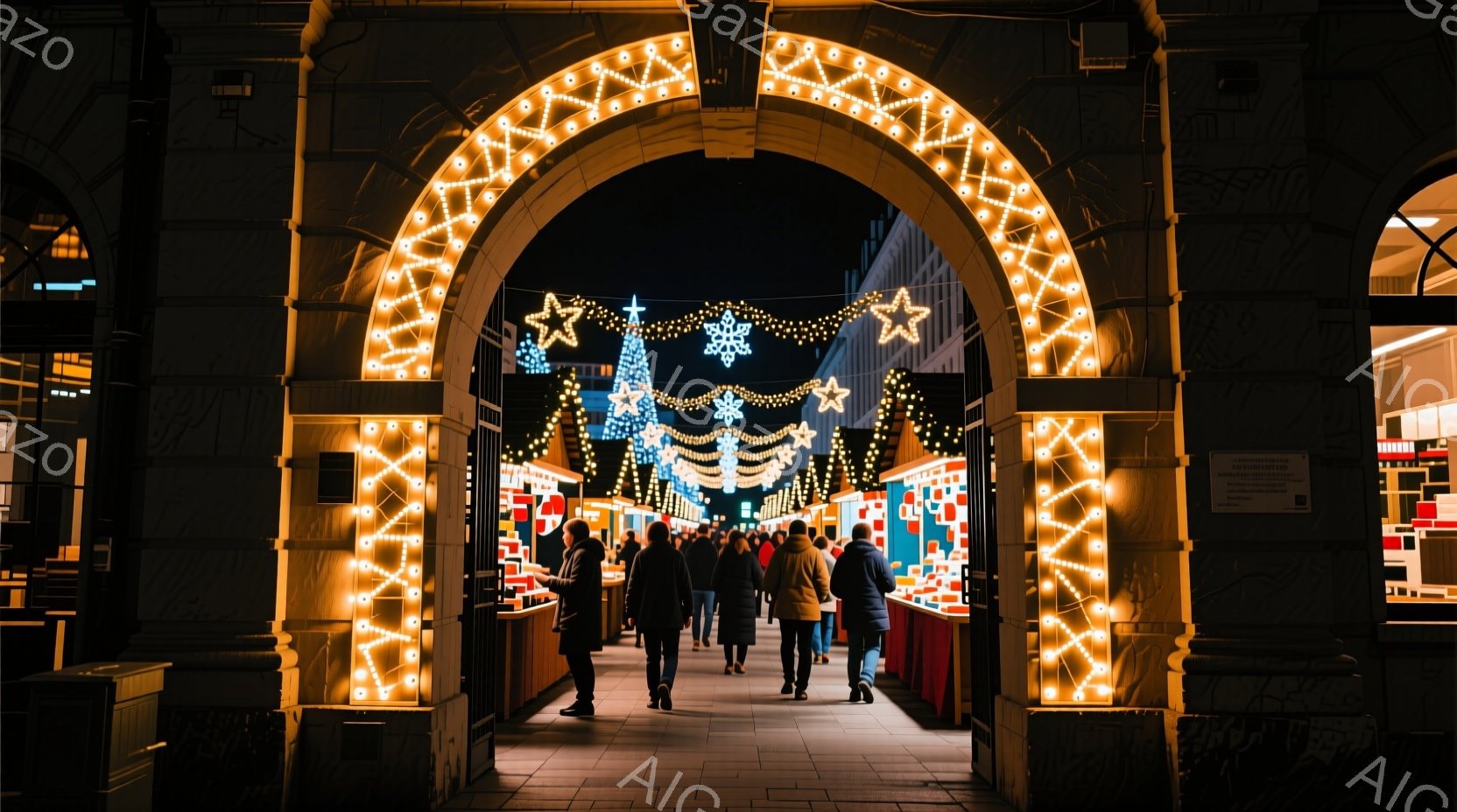 アーチ状のイルミネーションゲートを人々が通って賑やかなクリスマスマーケットへと向かっている様子が描かれている。人々は冬のコートやジャケットを着用しており、後ろ姿からは表情は読み取れないが、活気のある雰囲気が感じられる。背景には、カラフルな屋台が並び、夜空には星が輝き、冬の祝祭の温かく幻想的な光景が広がっている。