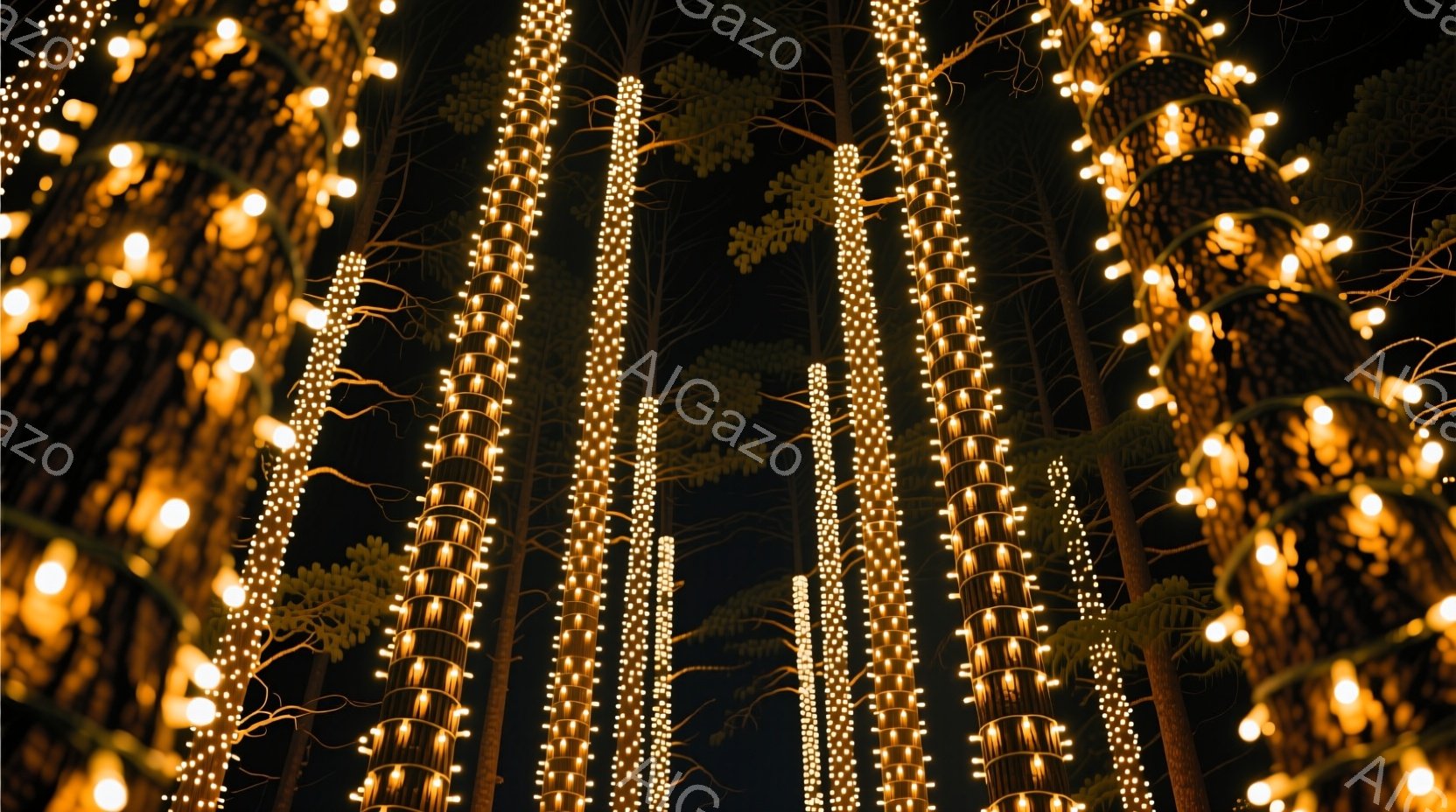 暗闇の中に、多くの木々が暖かく輝く電球で覆われている様子が描かれている。電球は木の幹に沿ってらせん状に巻き付けられ、まるで光の柱が林立しているかのような幻想的な光景を作り出している。背景は完全に暗く、光る木々が際立って見えるため、暖かくロマンチックな雰囲気が漂っている。