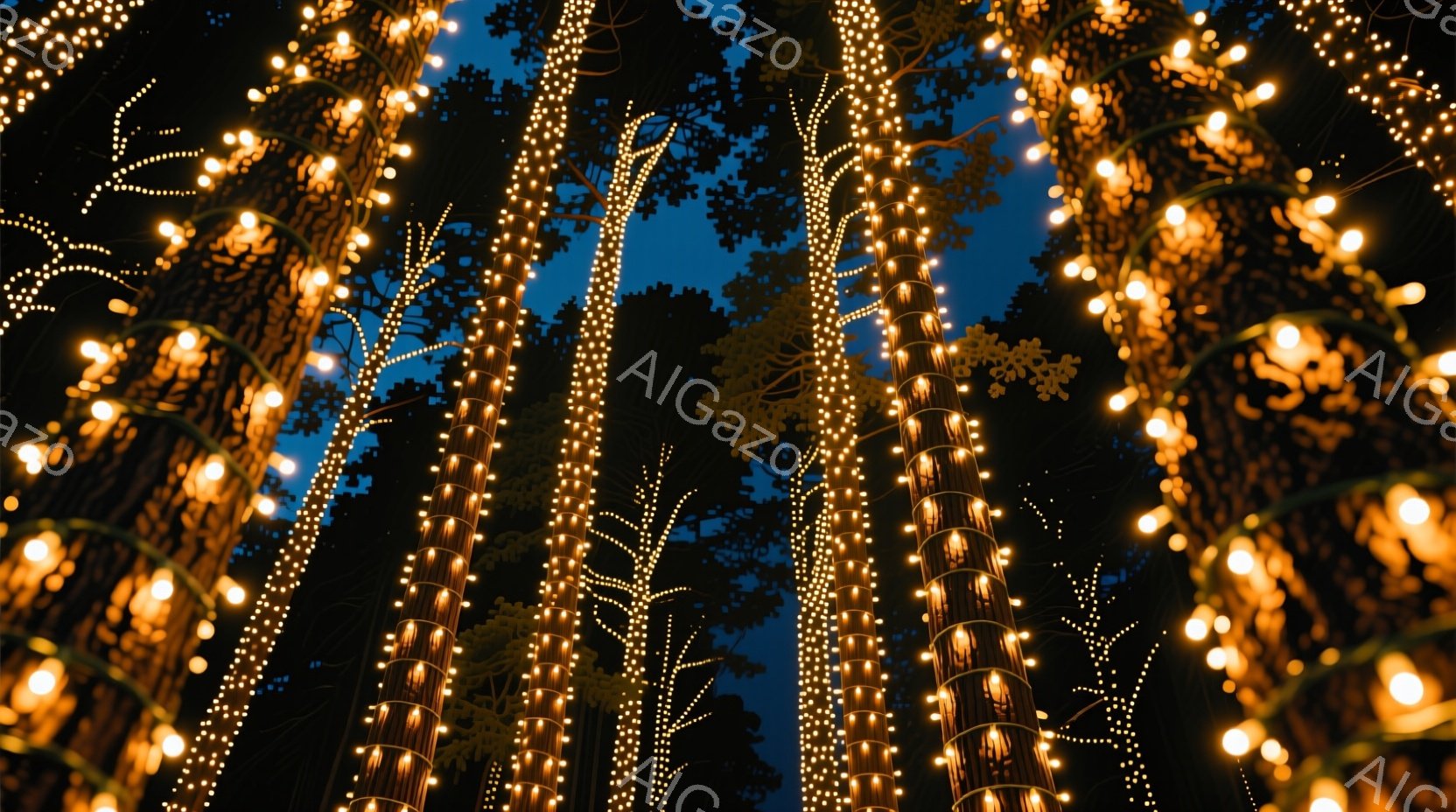 夜空を背景に、無数の電飾で覆われた木々が立ち並び、幻想的な光景を作り出している。電飾は木の幹全体を覆い、まるで光の柱が夜空に向かって伸びているように見える。暗闇の中で温かい光が輝き、静かで神秘的な雰囲 - AI生成フリー素材