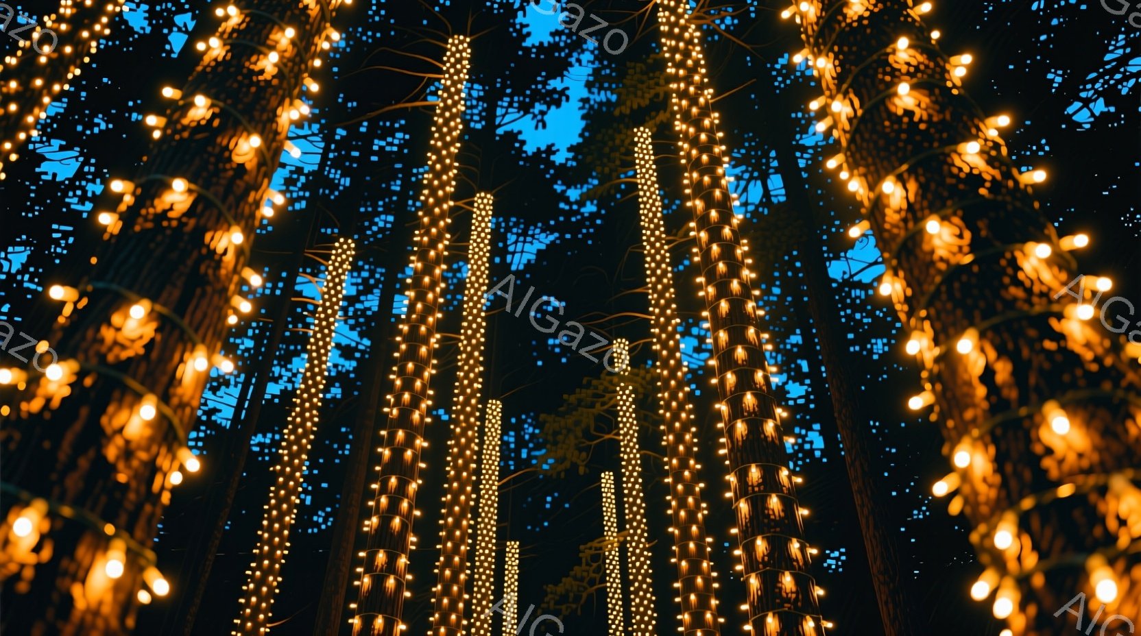 深い藍色の夜空を背景に、無数の暖かい光の帯が垂直に立ち並んでいる様子が捉えられています。それらはまるで光の柱のように見え、森の中を幻想的に照らし出しています。全体として、静寂と温かさが共存する、夢幻的な雰囲気が漂っています。