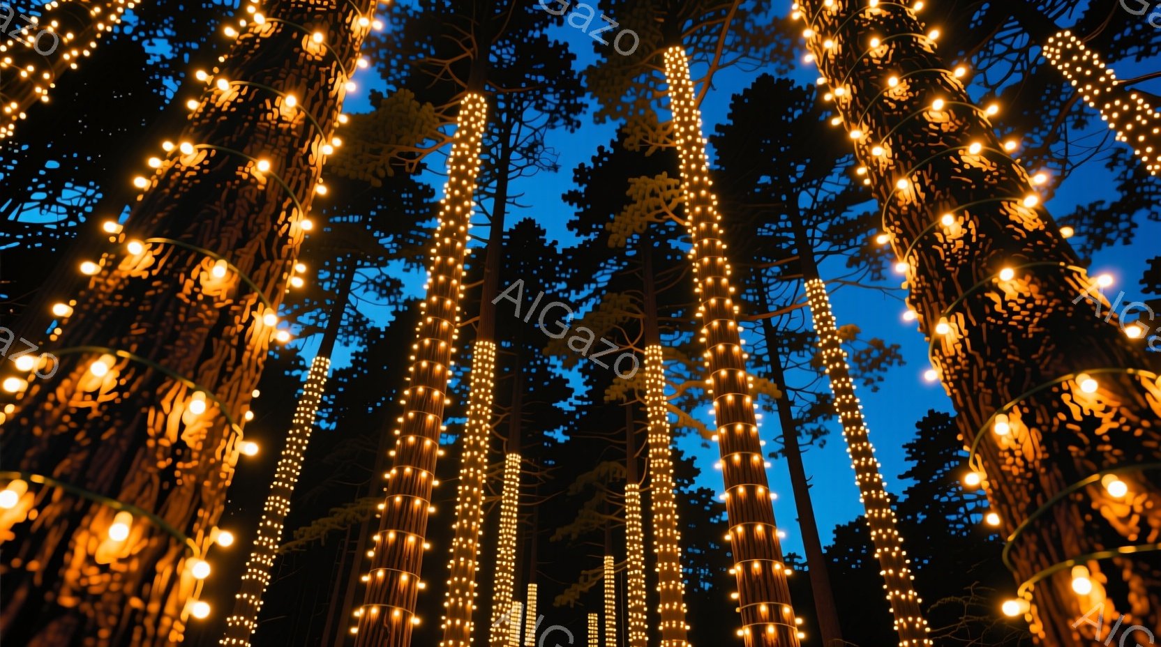 深い藍色の空を背景に、多数の木々が夜間にイルミネーションで飾られています。それぞれの木は、暖かく輝く電球の列で覆われ、まるで空中に浮かぶ光の柱のようです。この光景は、幻想的で神秘的な雰囲気を作り出し、静かで平和な夜の森を表現しています。