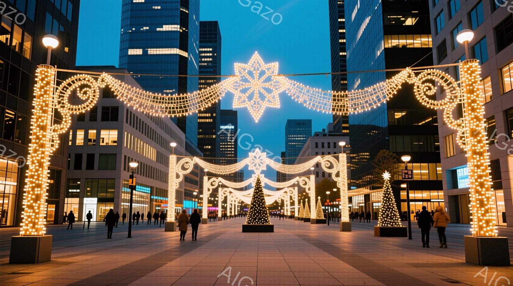 広場には、クリスマス装飾が施されたアーチが並び、温かい光を放っている。人々は冬の装いで歩いており、遠くには高層ビル群がそびえ立ち、夕暮れ時の空が背景に広がっている。全体的に、華やかで穏やかなクリスマスの雰囲気が漂っている。