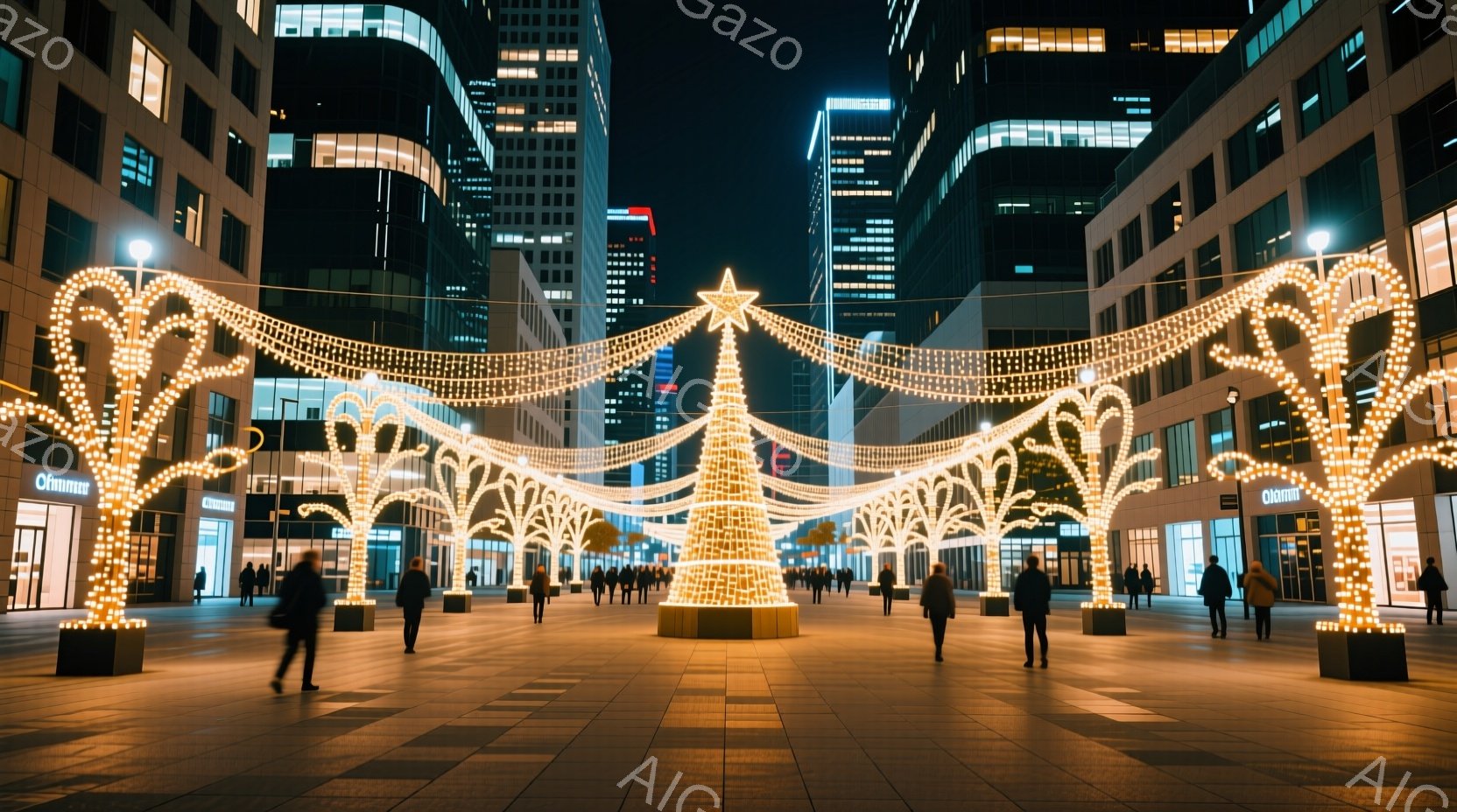 広場には、クリスマスに向けてライトアップされた大きなクリスマスツリーと、アーチ状に並んだ光の装飾が設置されており、多くの人々がその周りを歩いている。人々は冬の装いで、黒や濃い色のコートを着ており、表情ははっきりと見えないが、リラックスした雰囲気で散歩を楽しんでいるようだ。背景には高層ビルが立ち並び、夜空に浮かぶ光が、華やかで温かいクリスマスの雰囲気を演出している。