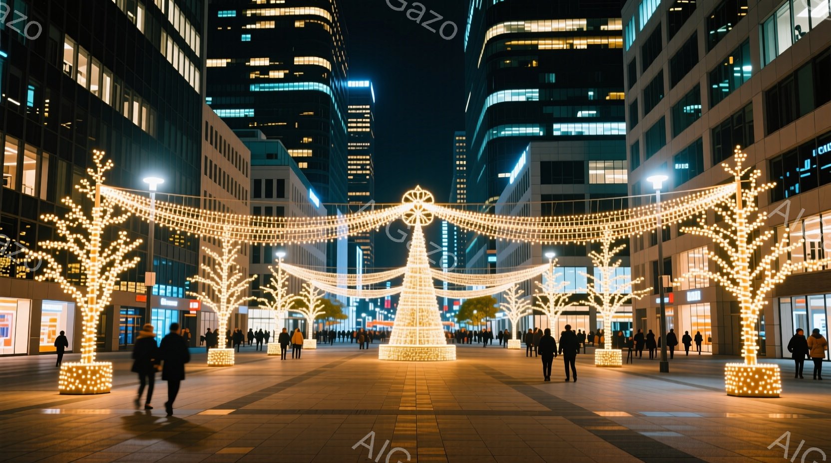 広場には、クリスマスイルミネーションで飾られた木々が並び、中央には大きなクリスマスツリーが輝いている。人々はコートやジャケットを着ており、ぼやけているため表情などははっきりしないが、リラックスした様子で歩いているように見える。背景には高層ビル群がそびえ立ち、夜空にぼんやりと光を放っている。