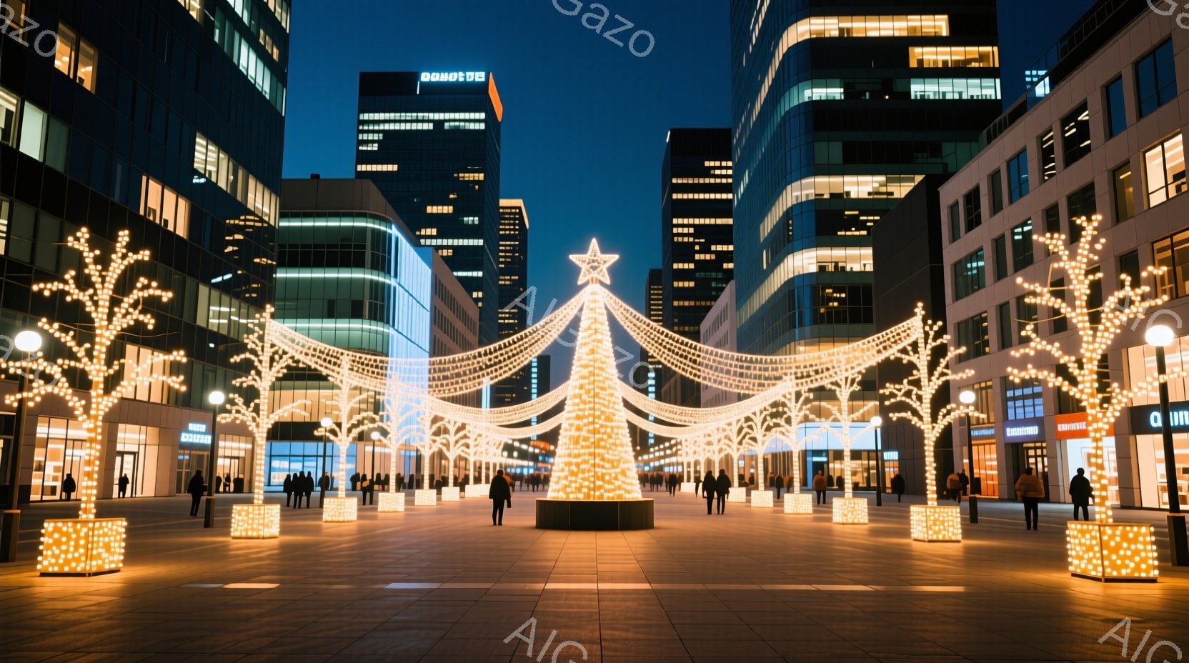 広場には、光り輝くクリスマスツリーと、それに繋がるようなアーチ型のイルミネーションが設置されており、周囲には光の装飾で彩られた木々が並んでいます。人々は冬の装いで、それぞれの目的のために広場を歩いており、表情はあまりはっきりとは見えませんが、リラックスした雰囲気が感じられます。背景には高層ビルが立ち並び、夜空に溶け込むような、暖かく幻想的な冬の光景が広がっています。