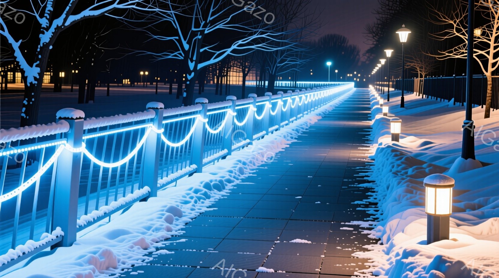 雪に覆われた遊歩道が、青白い光で照らされている。手すりと街灯が雪に埋もれ、背景にはぼんやりと建物が見え、冬の静寂で包まれた幻想的な光景が広がっている。暗い夜空と雪の白さが対照的で、まるで別世界のような雰囲気を醸し出している。