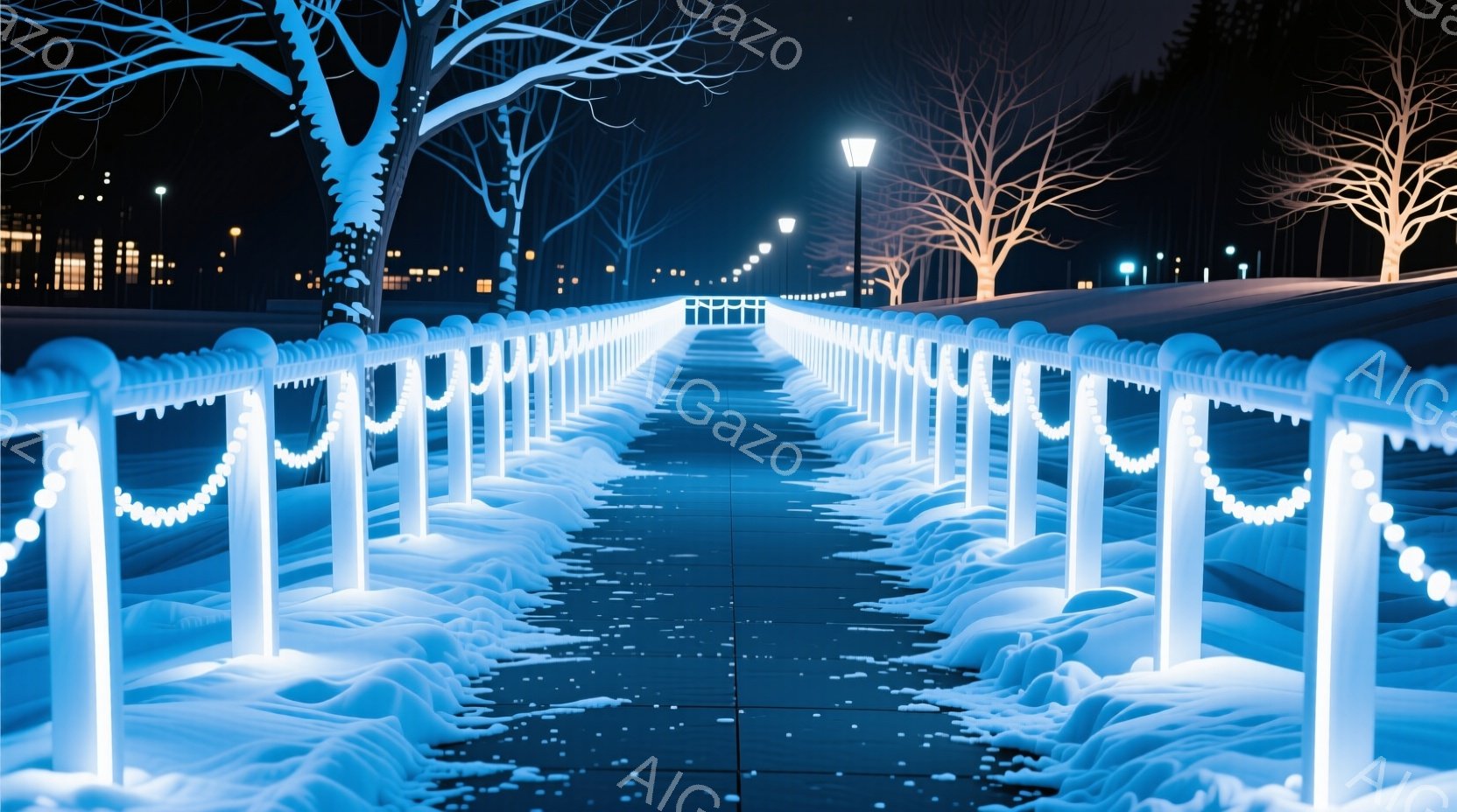 雪に覆われた遊歩道が、白いイルミネーションライトの列によって縁取られています。背景には、暗闇の中に浮かび上がる裸木のシルエットと、遠くに見える暖かい光を放つ建物があります。全体的に、静かで幻想的な冬の夜の雰囲気が漂っています。