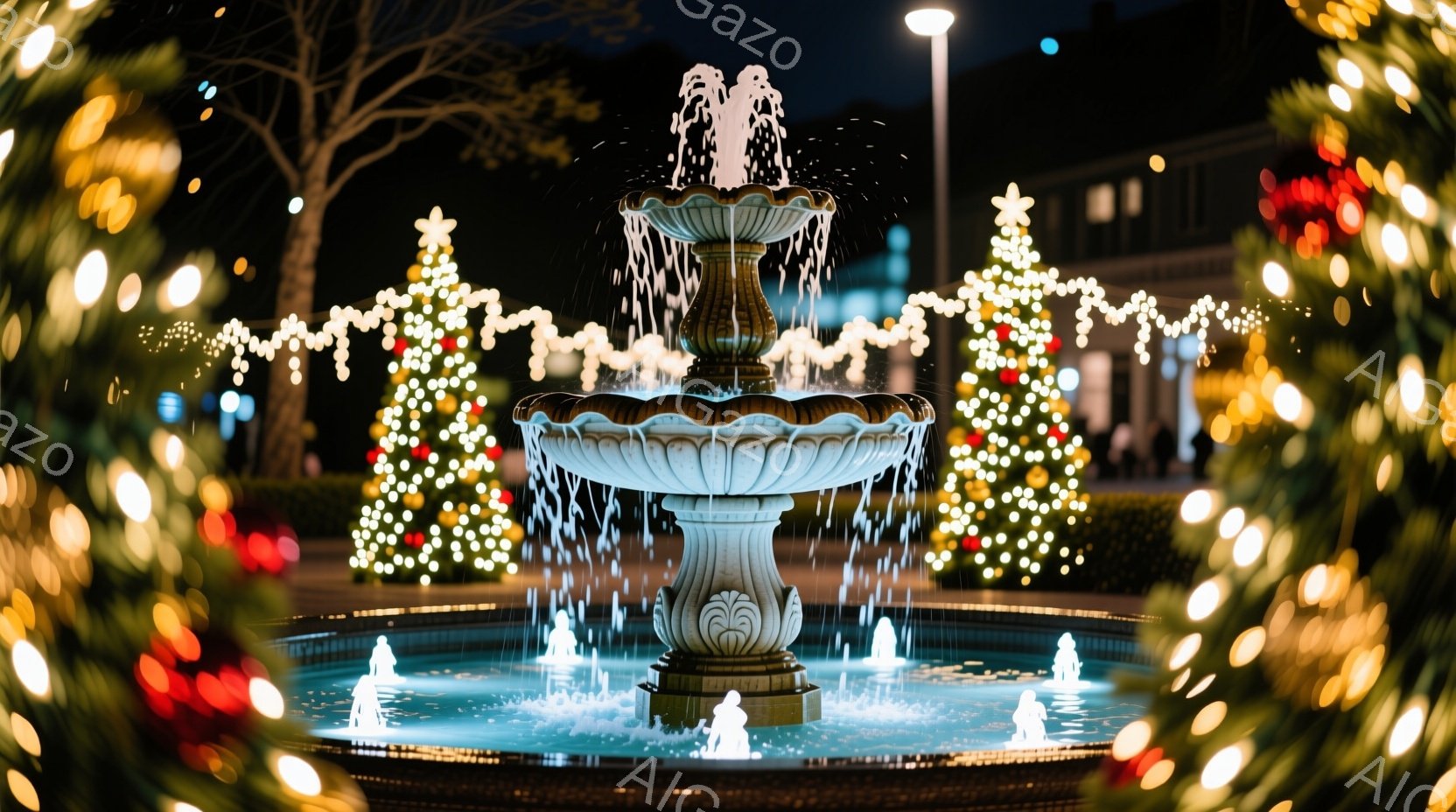 広場の中央には装飾的な噴水があり、夜間にライトアップされています。背景には、クリスマスツリーのように輝く電飾で飾られた木々が並び、華やかな雰囲気を醸し出しています。噴水からは水が勢いよく吹き上がり、その水しぶきがライトに照らされて幻想的な光景を作り出しています。