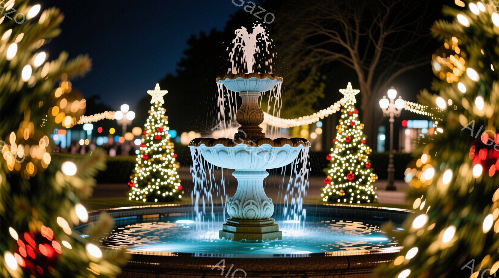 夜の公園に、ライトアップされた噴水が輝いている。噴水の周りにはクリスマスツリーが立ち並び、温かい光で照らされている。背景にはぼやけた建物が見え、クリスマスの華やかな雰囲気を醸し出している。