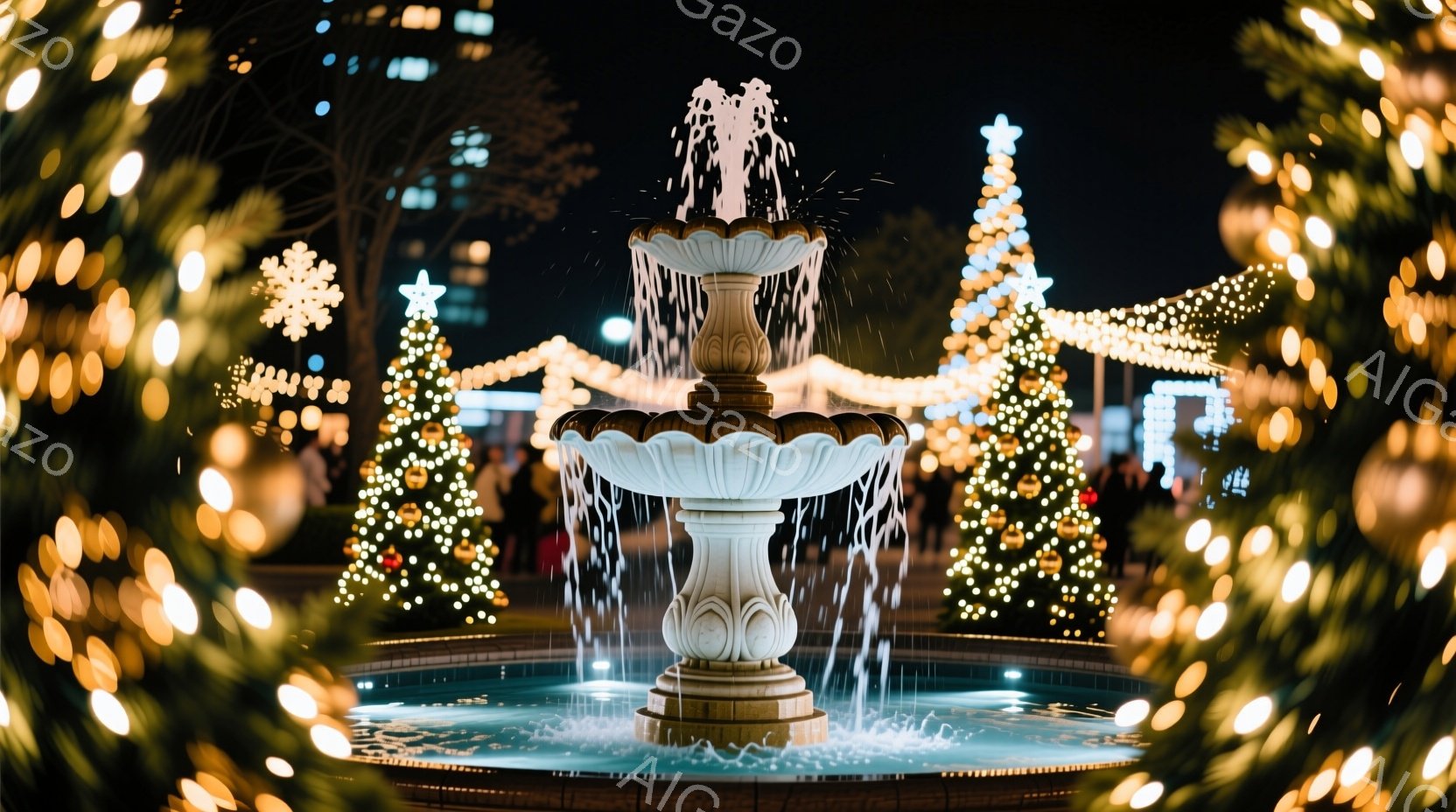 白い彫刻のような噴水が中央にあり、水が夜空に向かって勢いよく吹き出している。背景には、緑色のライトで飾られたクリスマスツリーが並び、華やかな雰囲気を醸し出している。全体的に暖色系の光が溢れ、温かく幻想的な冬の夜の光景が広がっている。