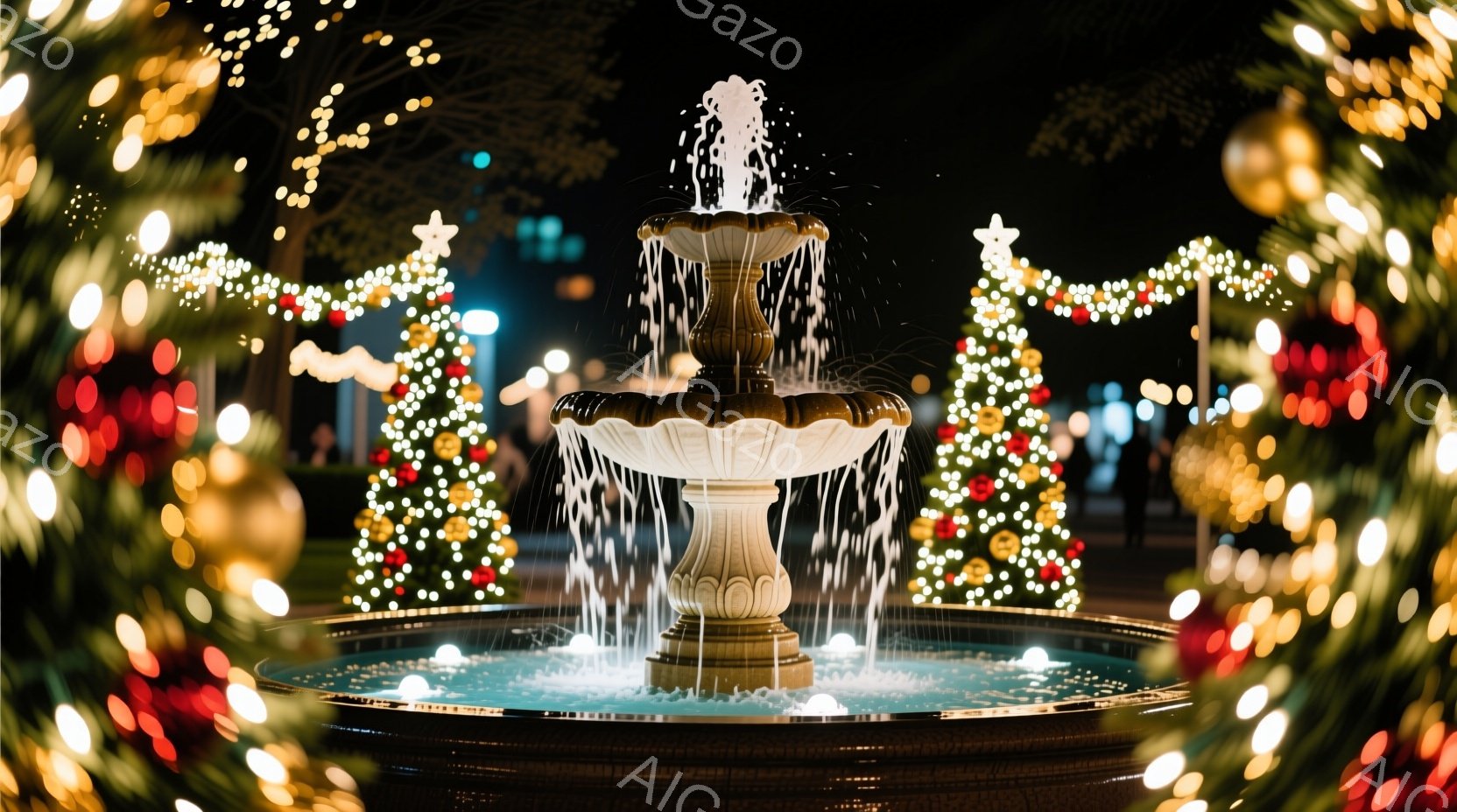 白い彫刻のような噴水が夜間にライトアップされ、水が美しく輝いている。背景にはクリスマスツリーが並び、その装飾が温かく華やかな雰囲気を醸し出している。全体的に、冬の夜の幻想的でロマンチックな光景が描かれている。