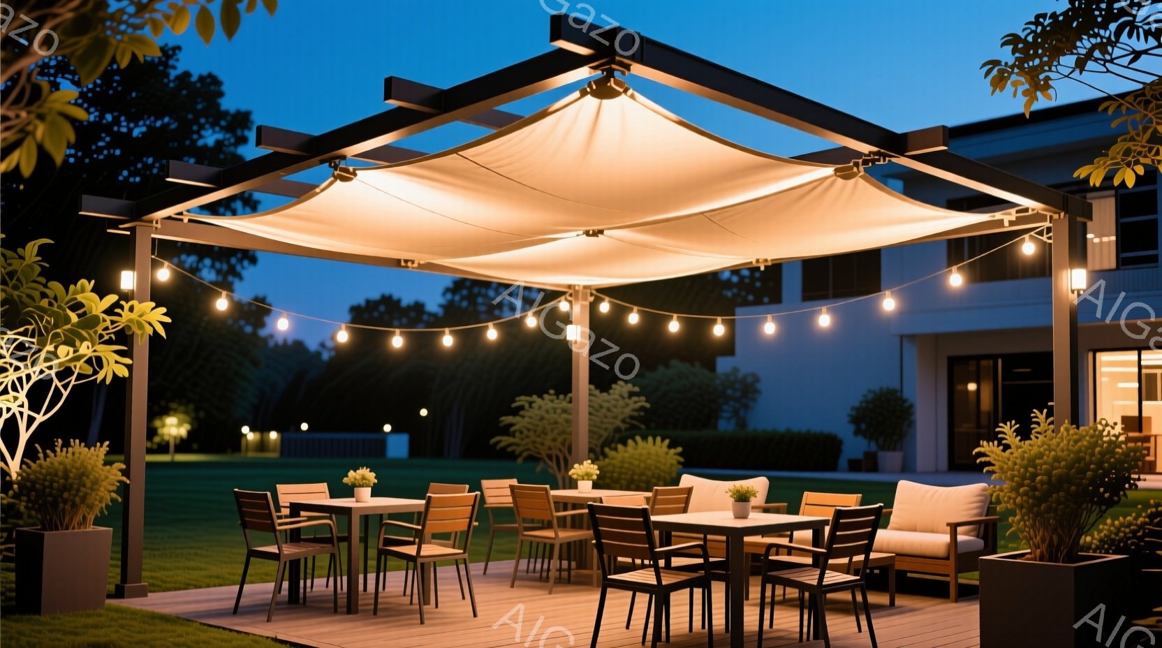 広々としたウッドデッキに、モダンなパーゴラが設置されており、温かい光のストリングライトが飾られています。テーブルと椅子が配置され、リラックスした雰囲気の屋外ダイニングスペースが演出されています。背景には手入れの行き届いた芝生と建物があり、穏やかで静かな夜の風景が広がっています。