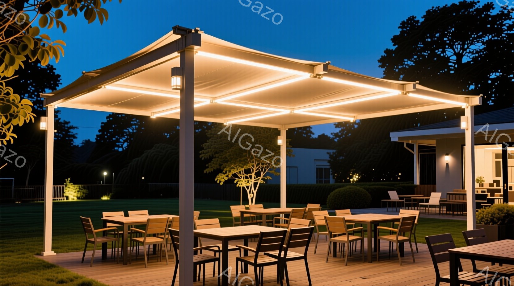 白い木製のパーゴラが、複数のテーブルと椅子で構成された屋外ダイニングエリアを照らしている。背景には手入れの行き届いた芝生と茂みが広がり、薄暗い夜空と建物のシルエットがぼやけて見える。全体的に、暖かく、落ち着いた雰囲気の、夜の庭のシーンである。