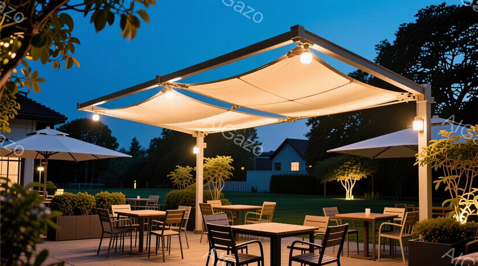 夜の屋外パティオが写っており、テーブルと椅子が配置され、柔らかい照明が灯っています。背景には緑豊かな芝生と木々が見え、遠くには建物がぼんやりと見えます。全体的に落ち着いた雰囲気で、夏の夜の優雅なディナーやリラックスしたひとときを連想させます。