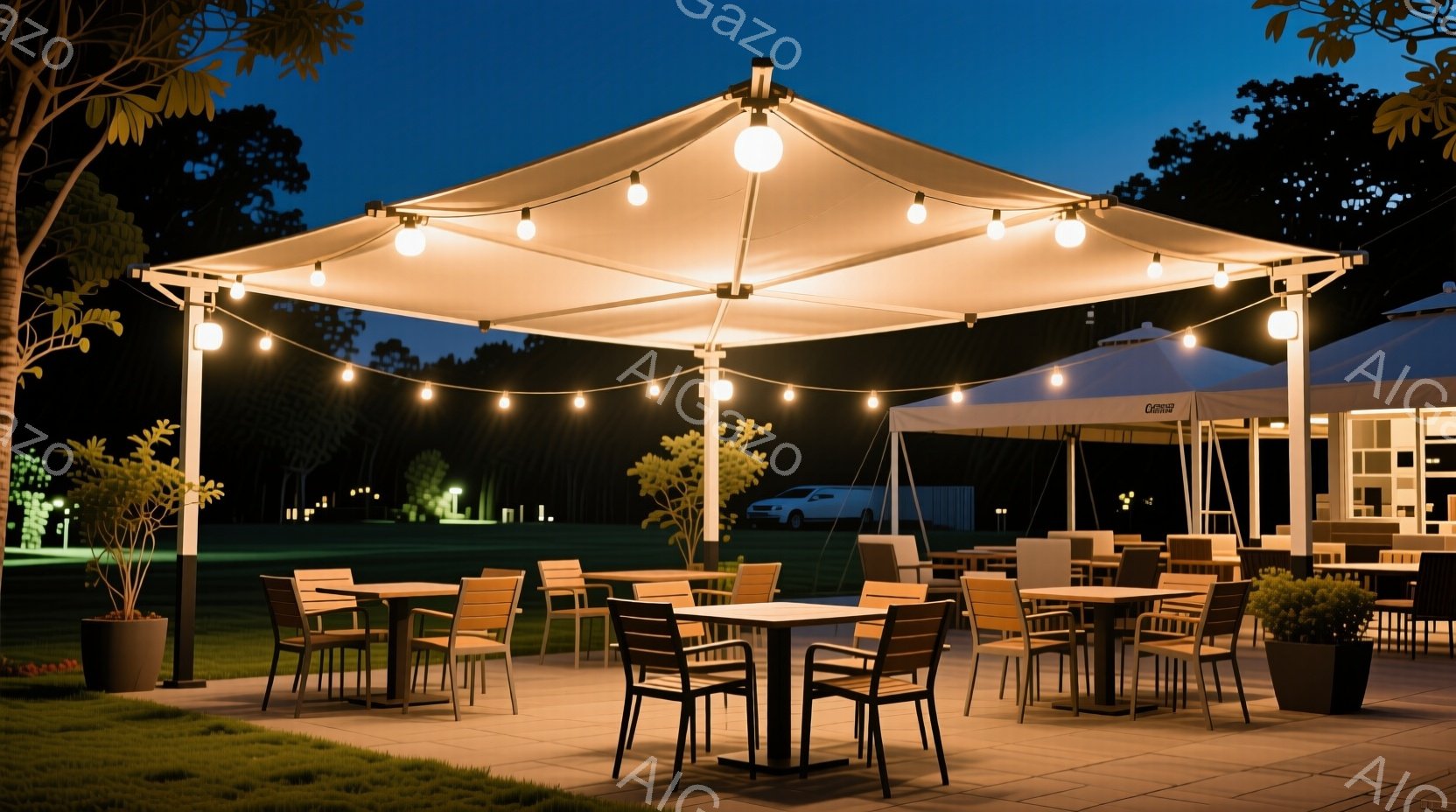 広々とした緑の芝生の上に、ライトアップされた白い屋外用テントが設置されており、複数のテーブルと椅子が配置されています。テントの上には電球が連なり、温かく優しい光を放っています。背景には、建物や木々が見え、夜間の穏やかでリラックスした雰囲気を作り出しています。