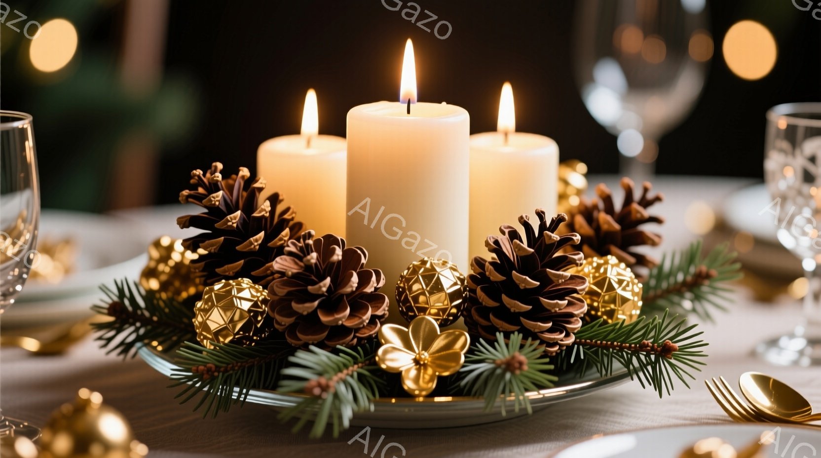 テーブルの中央には、銀色のプレートの上に配置されたクリスマス装飾が飾られています。茶色や金色に塗られた松ぼっくりと、緑色の常緑樹の枝が、点灯した白いキャンドル2本を囲んでいます。暖かく、お祝いの雰囲気で、クリスマスや冬の特別な日のためのテーブルセッティングの一部であるようです。