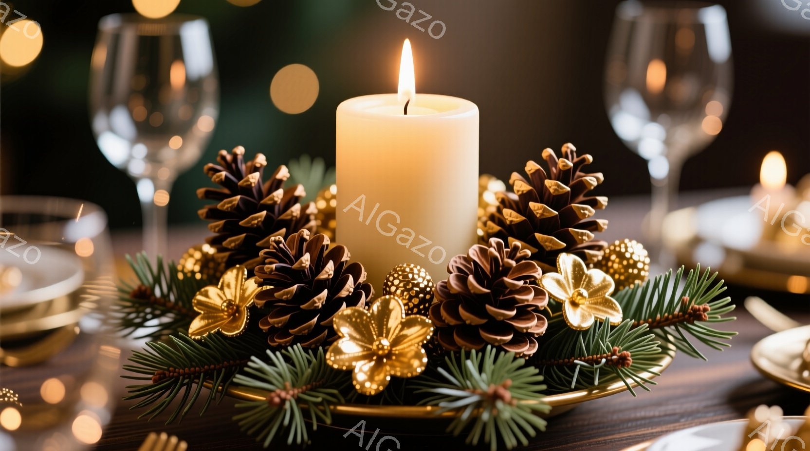 漆塗りのテーブルの上に、松ぼっくりと金色のオーナメントで飾られた円形の装飾が置かれており、中央には点灯した白い柱状のキャンドルが灯っています。背景にはぼやけたグラスや金色のぼやけた光が見え、温かく落ち着いた雰囲気を醸し出しています。全体的に、クリスマスのディナーテーブルの装飾の一部として、自然の要素と豪華さを組み合わせた、洗練されたイメージです。