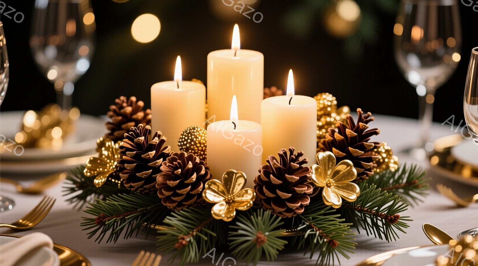 テーブルセッティングの中心には、松ぼっくりや緑の葉で飾られたキャンドルホルダーが置かれ、点在するキャンドルが暖かく灯っています。背景にはぼやけた金色の食器やグラスが見え、全体的に落ち着いた温かいクリスマスの雰囲気を醸し出しています。金色の装飾が高級感を演出し、華やかな食卓を彩っています。