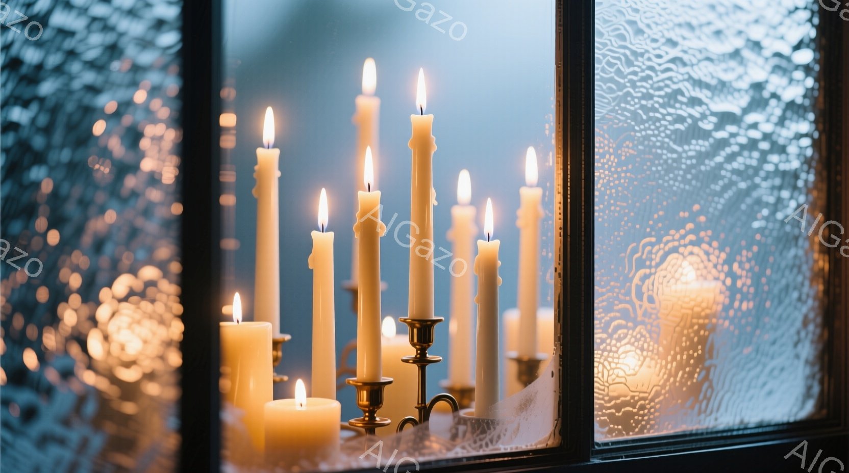 窓枠に並べられた様々な高さの白いろうそくが、暖かく優しい光を放っている。ろうそくは金属製の燭台やレースの敷物の上に置かれ、かすかにぼやけた背景は雪の降る夜景を連想させる。 全体的に穏やかで幻想的な雰囲気が漂い、静寂と安らぎを感じさせる。