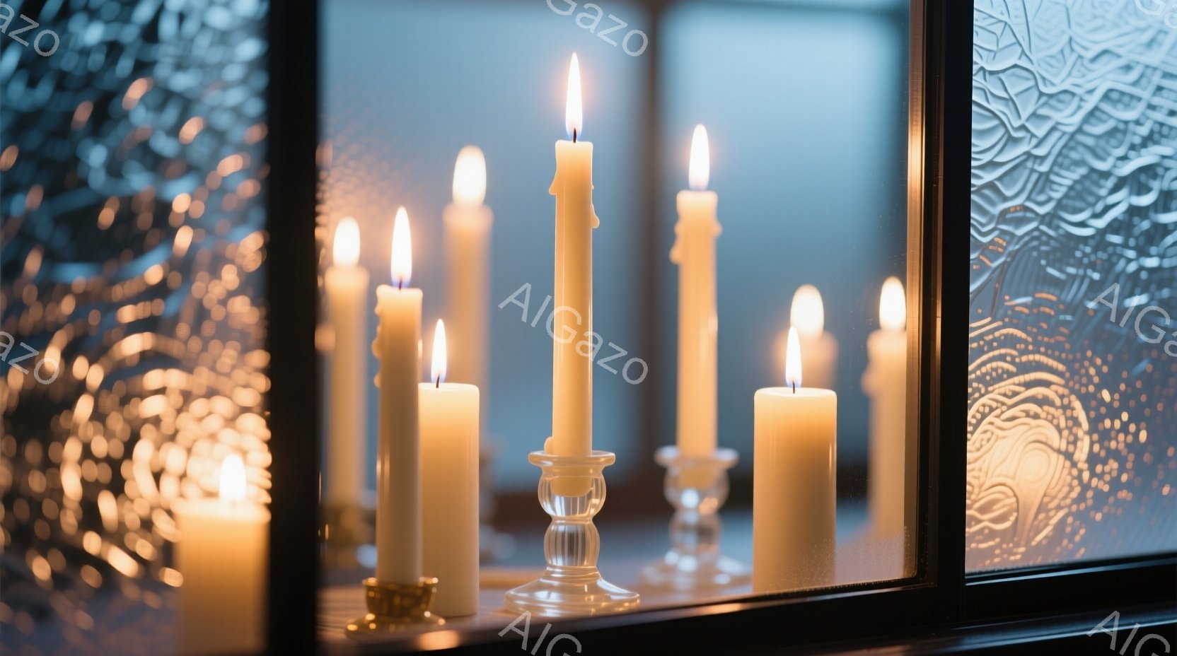窓辺に複数の白い柱状のキャンドルが置かれ、穏やかな光を放っている。キャンドルの炎は暖かく、柔らかな光を周囲に広げ、静かで瞑想的な雰囲気を醸し出している。背景には霜や雪の結晶のような模様が入ったガラスがあり、冬の静寂を思わせる。