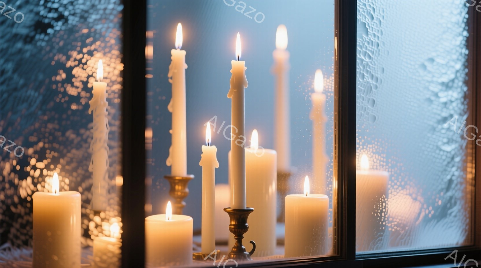 窓辺に様々な高さの白い蝋燭が灯されており、溶けかけた蝋が滴り落ちている様子が伺える。窓ガラスには霜が降り、外の風景をぼかして見せ、屋内とのコントラストを生み出している。全体的に暖かく、静謐で、冬の夜の穏やかな雰囲気を醸し出している。