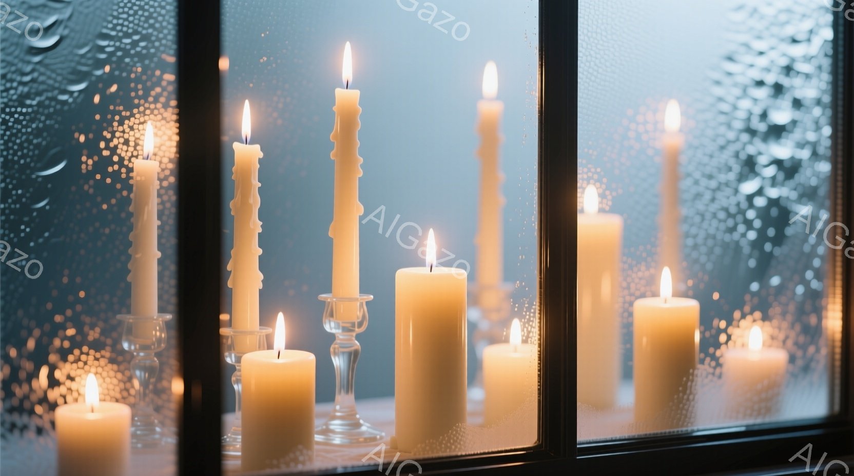 複数のロウソクが、雨で曇った窓枠の中に並べられています。ロウソクの炎が温かい光を放ち、柔らかな雰囲気を醸し出しています。背景はぼやけており、雨の日の静けさと、ロウソクの穏やかな光が印象的です。