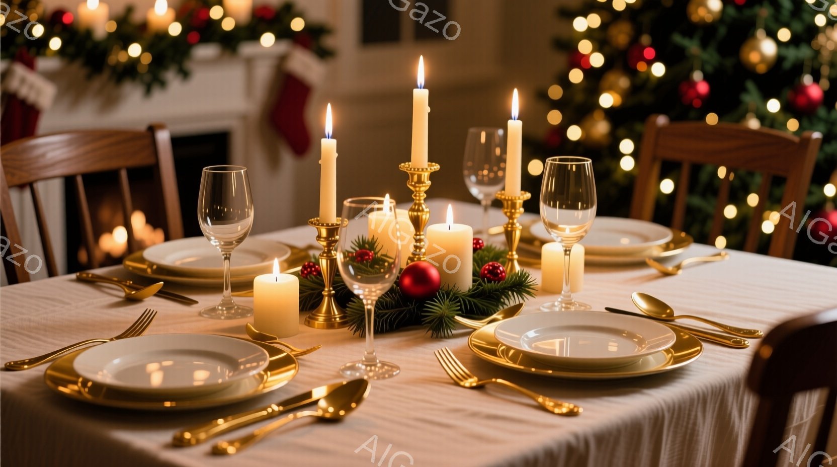 クリスマスを祝うためのテーブルセッティングが写っている。白いリネンテーブルクロスの上に、白磁の皿、金色のカトラリー、クリスタルのグラスが並べられ、中央にはキャンドルとクリスマス装飾が華やかに飾られている。背景にはぼやけたクリスマスツリーの光が暖かく、穏やかで優雅な祝祭の雰囲気を醸し出している。