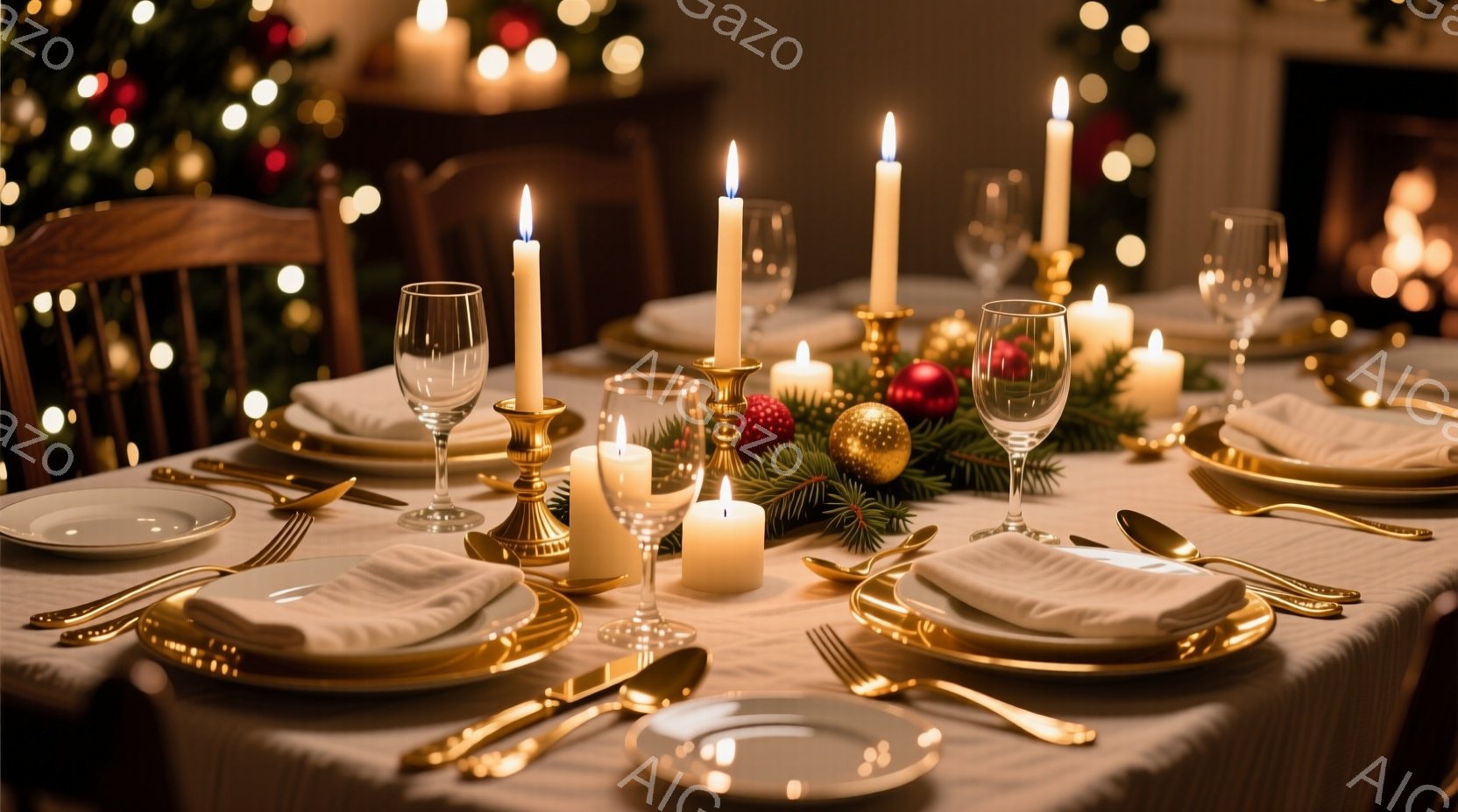 クリスマスディナーのテーブルセッティングが映っている。白のテーブルクロスにゴールドの食器やカトラリーが並べられ、キャンドルやクリスマスツリーの飾りで華やかさが演出されている。暖かく穏やかな雰囲気で、特別な夜を予感させる。