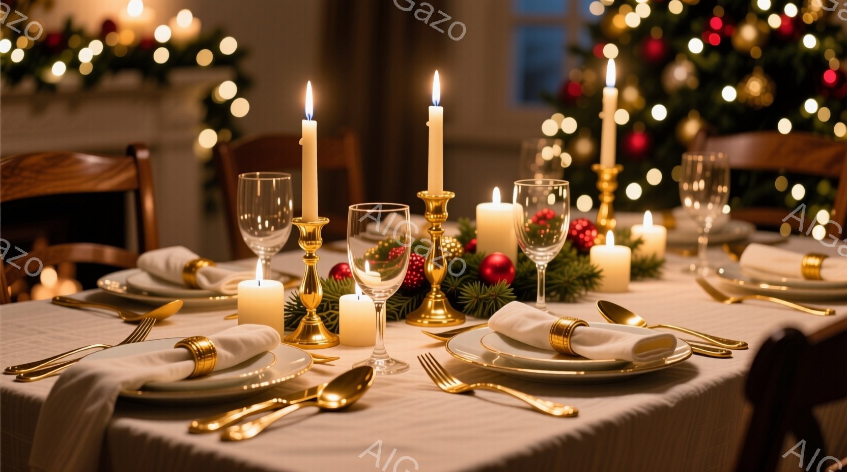 白いテーブルクロスが敷かれたダイニングテーブルには、美しい食器と金色のカトラリーが整えられています。テーブルの中央にはキャンドルと緑の装飾が配置され、クリスマスの温かく華やかな雰囲気を醸し出しています。背景にはぼやけたクリスマスツリーの光が輝き、心地よい光に包まれた優雅な食卓の様子が捉えられています。