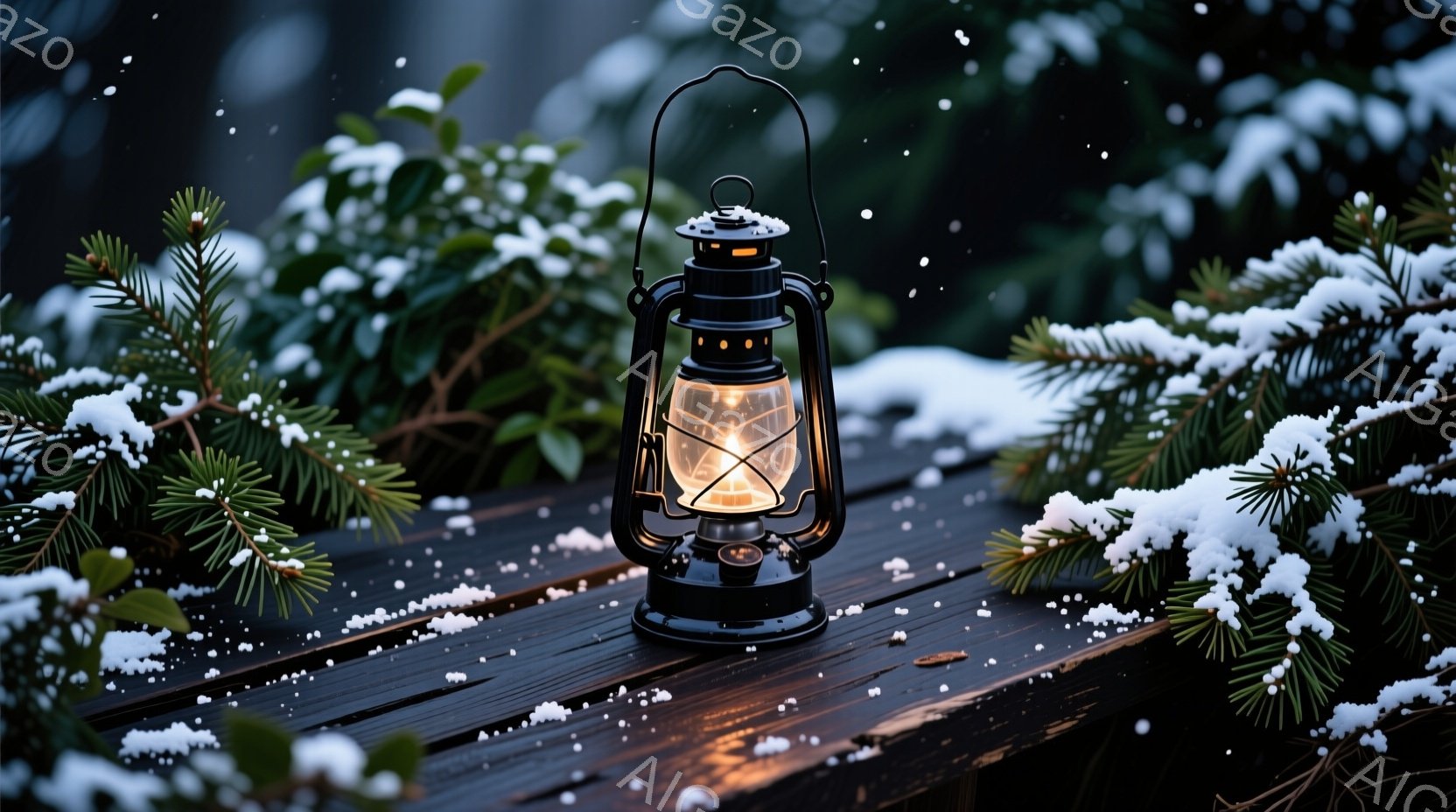 古びた木製の柵の上に、煤けた黒いランタンが置かれている。ランタンからは暖かく揺らめく光が放たれ、雪片が舞い散る冬の夜を照らしている。背景には雪を被った針葉樹の枝が見え、静寂で神秘的な雰囲気を醸し出している。