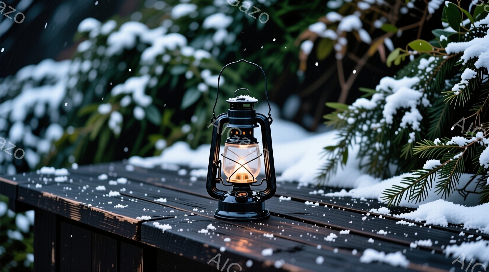 黒色のオイルランプが、雪が降り積もった木製の柵の上に置かれています。ランプからは温かい光が灯り、周囲の暗い背景とのコントラストを生み出しています。背景には緑の葉がわずかに見え、冬の静寂と暖かさを感じさせる光景です。
