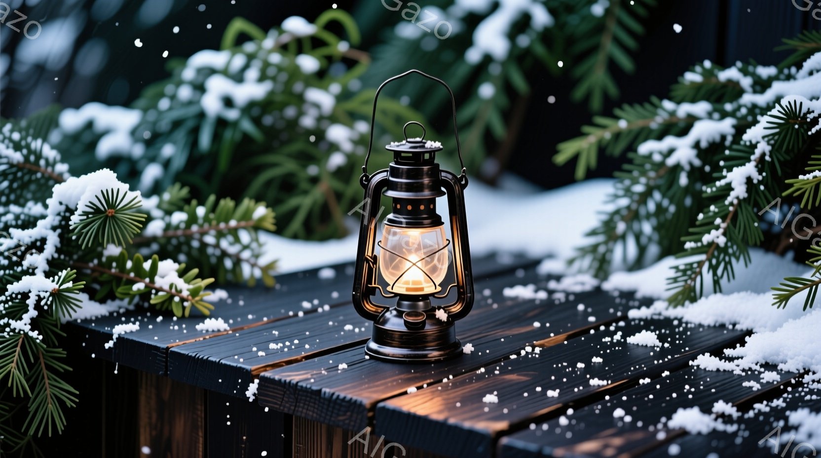 古びた黒いランタンが、雪が舞う木製のテーブルの上に置かれている。ランタンからは暖かな光が灯り、周囲の雪と暗闇とのコントラストが美しい。背景には緑の針葉樹がぼんやりと見え、冬の静寂な夜の雰囲気を醸し出している。