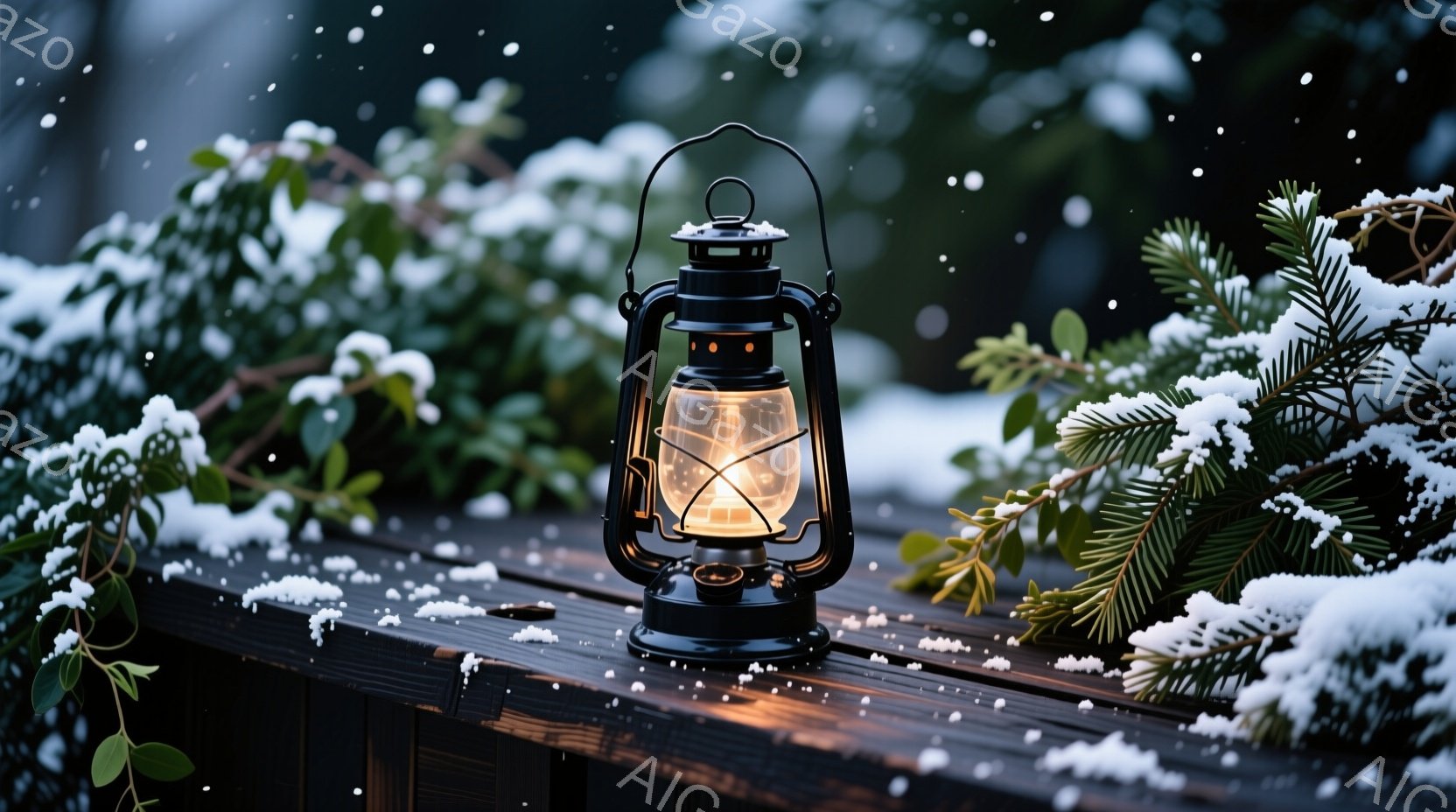 古い様式の黒いランタンが雪の積もった木の板の上に置かれています。 ランタンからは温かい光が放たれ、周囲の雪景色と対照的です。 周りには雪を被った常緑樹があり、冬の静かで穏やかな雰囲気を醸し出しています。
