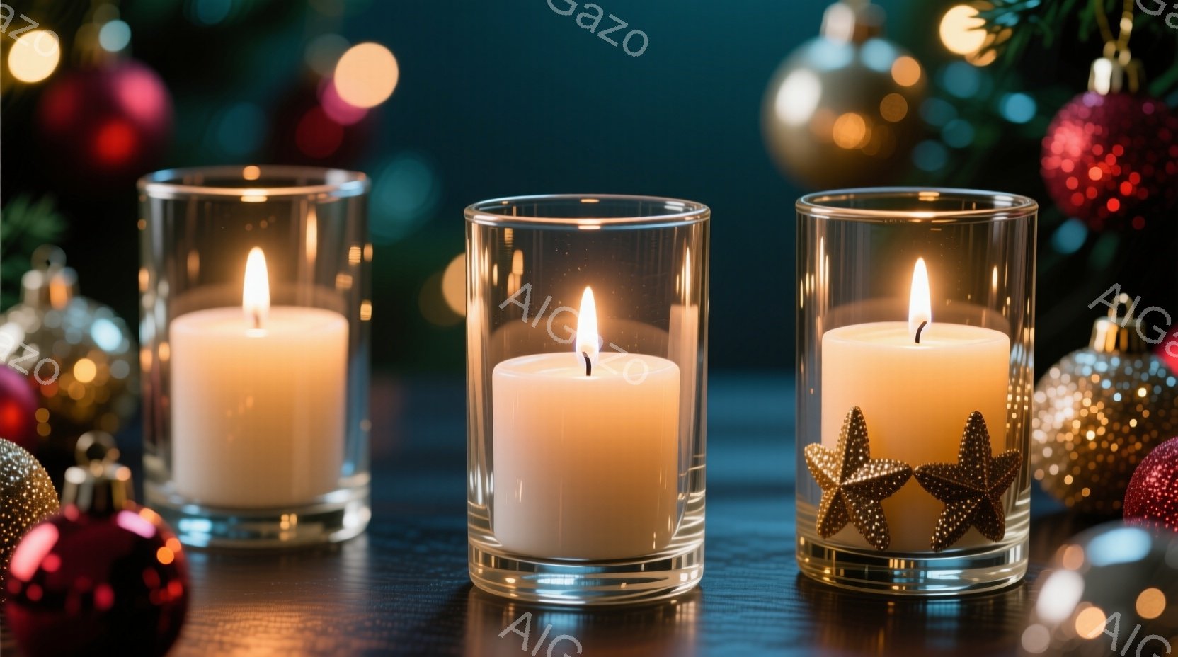 ３つの透明なキャンドルホルダーが並んでおり、それぞれの中に白いキャンドルが灯っています。背景には、金、赤、銀のクリスマスオーナメントが散りばめられ、ぼかしの中に緑の葉が見えます。全体的に温かく、落ち着いた、祝祭的な雰囲気が漂っています。