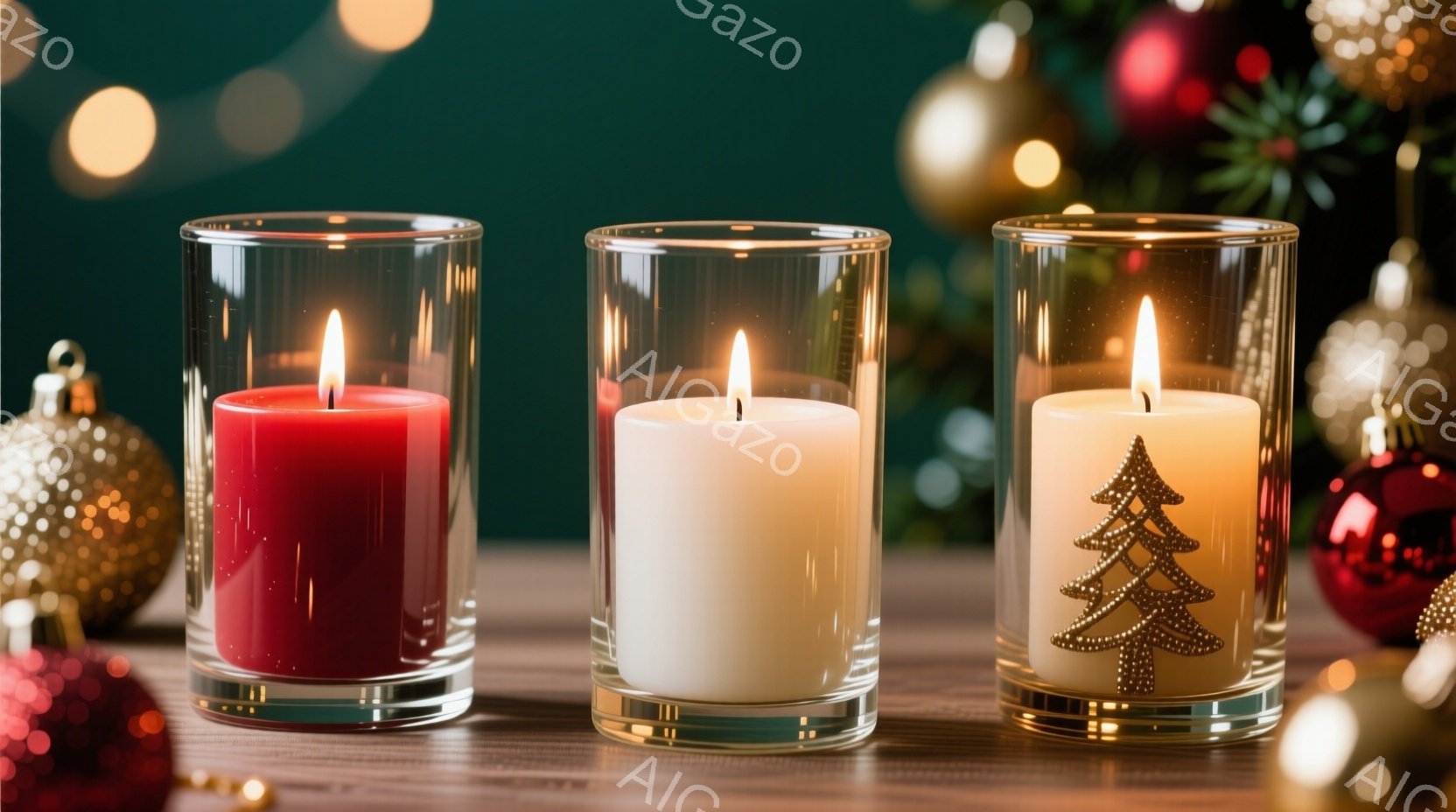 暖炉のような木製のテーブルの上に、赤、白、クリスマスツリー模様のキャンドルが透明なガラス容器に入って並んでいます。背景にはぼやけたクリスマスオーナメントと光が散りばめられており、温かく穏やかな祝祭の雰囲気を醸し出しています。キャンドルの炎は小さく、控えめながらも心地よい光を放っています。