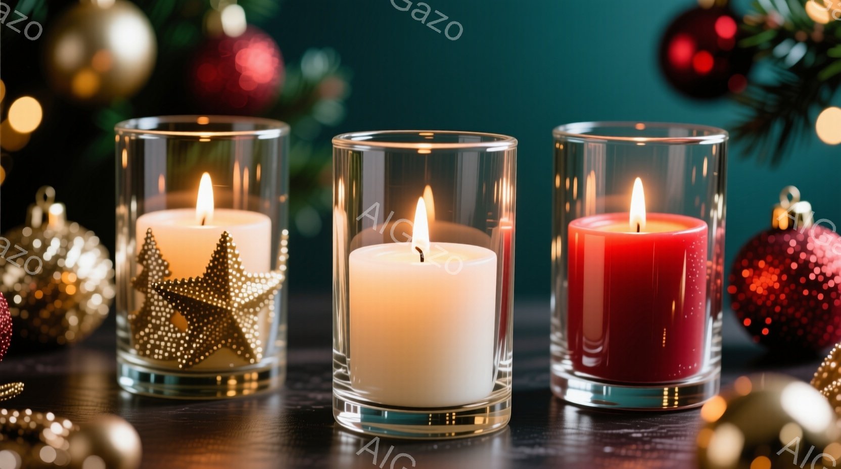３つのガラス製のキャンドルホルダーが並んでおり、それぞれに点火されたキャンドルが入っています。左のホルダーには金色の星型の装飾があり、中央は白、右は赤色のキャンドルです。背景には、金と赤のクリスマスオーナメントが散りばめられており、全体的に暖かく、お祝いの雰囲気です。