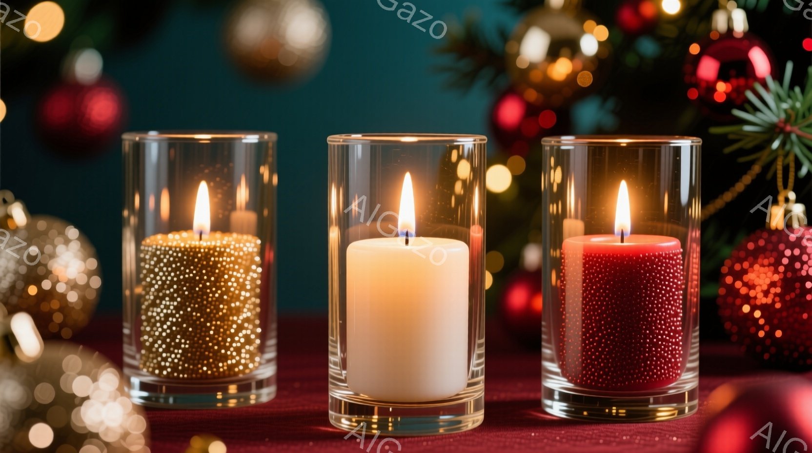 ３本のキャンドルがそれぞれ異なる色の粒で覆われたグラスに入って並んでいます。背景にはぼやけたクリスマスツリーの装飾とオーナメントが見え、暖かく華やかな雰囲気を醸し出しています。キャンドルの炎が灯り、ほのかな光が周囲を照らしています。