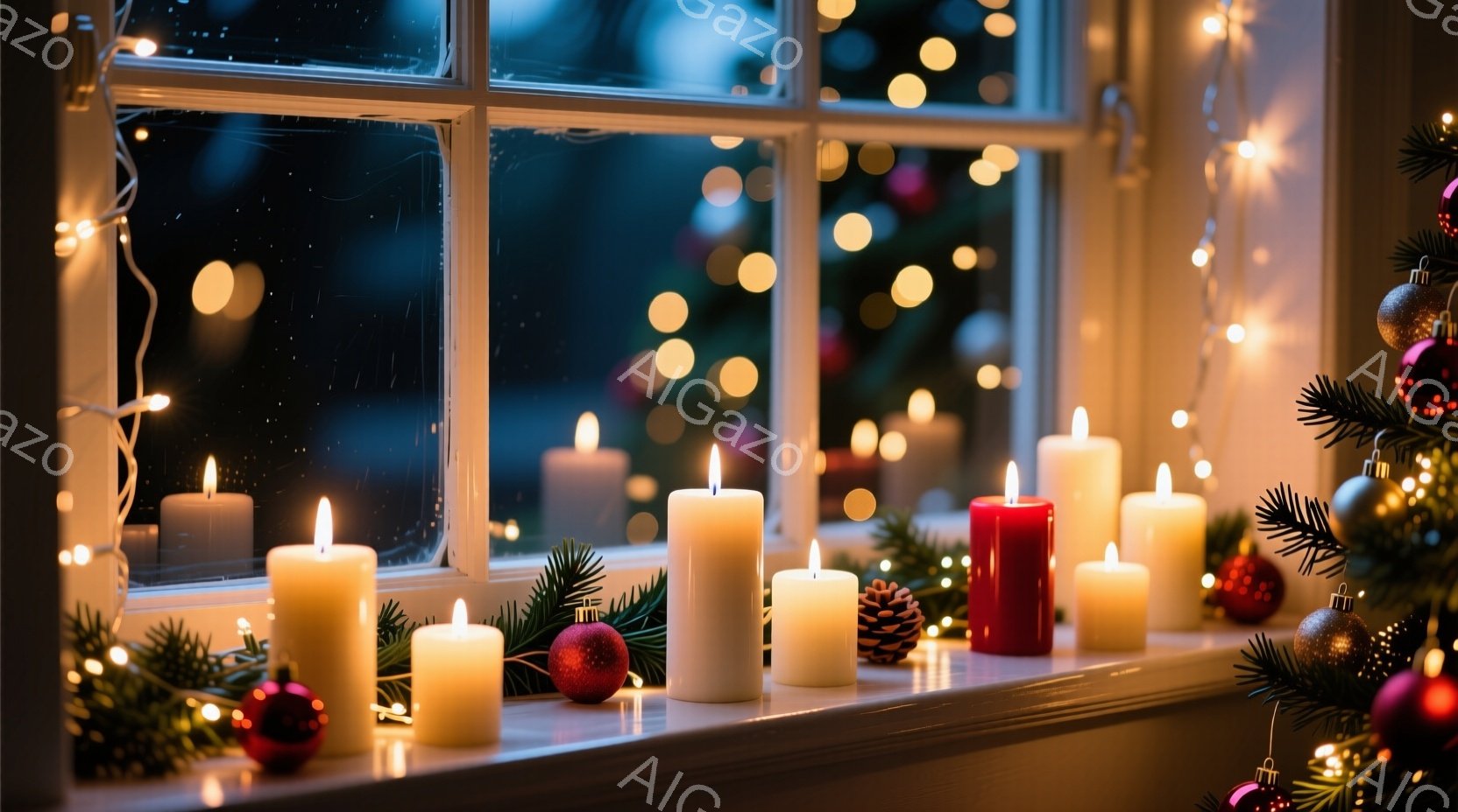 窓辺に配置された様々な高さのキャンドルが灯されており、暖かく柔らかな光を放っている。クリスマスツリーの枝や松ぼっくり、赤いオーナメントがキャンドルの間に飾られ、冬の静寂と祝祭の雰囲気を醸し出している。背景は夜の暗闇とぼんやりとした光で、雪が降る冬の夜を思わせる穏やかな光景である。