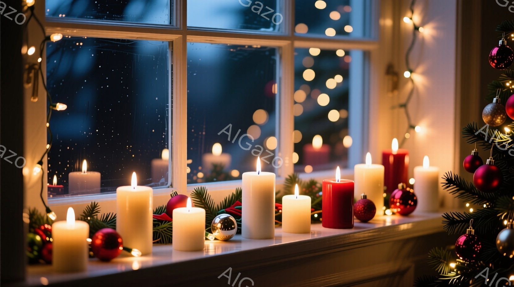窓辺に並べられた様々な色のキャンドルが灯っており、その優しい光が部屋を暖かく照らしている。キャンドルの周りにはクリスマスツリーの枝やオーナメントが置かれ、冬の夜の静かで穏やかな雰囲気を醸し出している。外は暗く、ぼんやりとした光が雪が降っているかのような幻想的な背景を作り出している。
