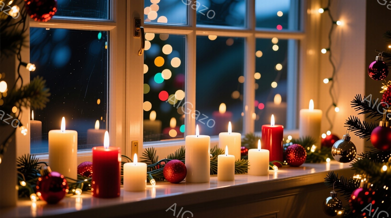 窓辺に赤いキャンドルと白いキャンドルが並べられ、クリスマスのオーナメントが散りばめられています。背景にはぼやけた光のぼんやりとした景色が見え、暖かく穏やかな雰囲気を作り出しています。全体として、冬の夜の静けさとクリスマスの祝祭感を表現した、温かい光に満ちた場面です。