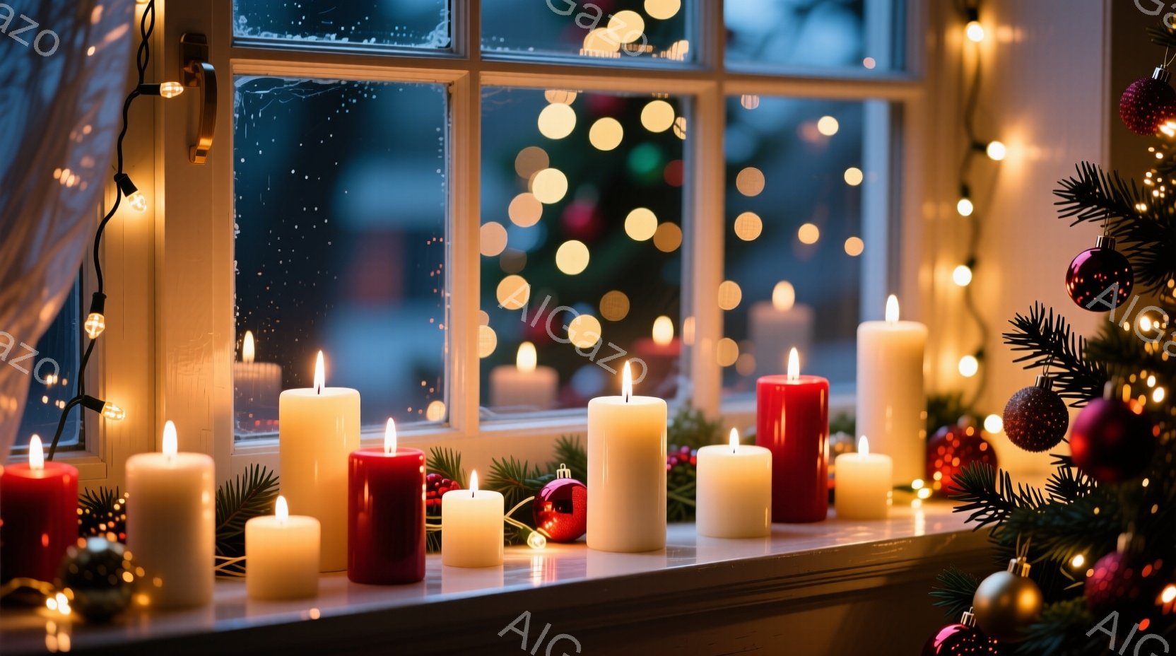 窓辺には、赤と白のキャンドルが並んでおり、それぞれの炎が温かい光を放っている。背景にはぼやけた街並みが見え、雪が降っているような印象を受ける。クリスマスの飾り付けが施されたクリスマスツリーの一部が右側に映り、穏やかで心安らぐ冬の雰囲気を醸し出している。