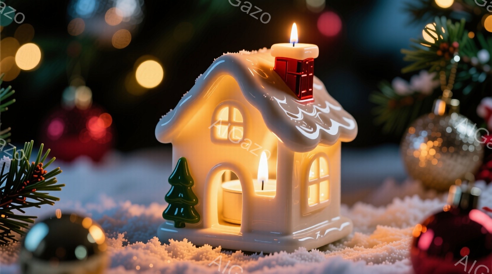 白い可愛らしい家型のキャンドルホルダーが、雪の上に置かれています。窓とドアから温かい光が漏れており、クリスマスの装飾であるオーナメントや針葉樹に囲まれています。背景はぼやけており、ホリデーシーズンらしい温かく幻想的な雰囲気を醸し出しています。