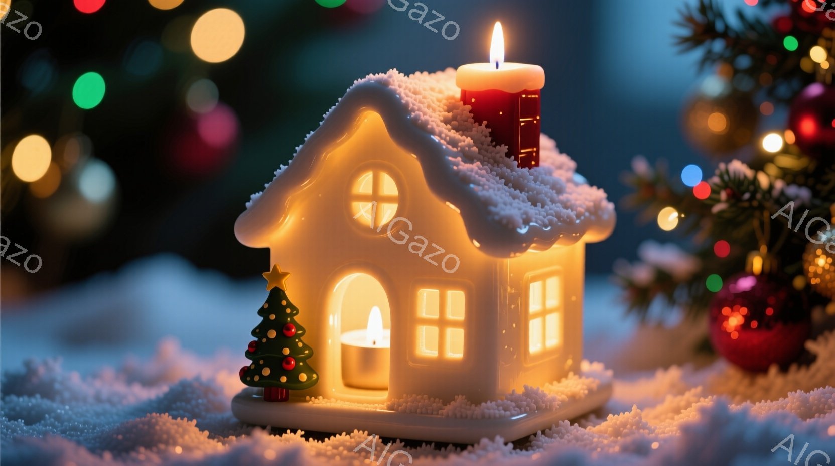 雪が降り積もったような白い小さな家が中央にあり、窓やドアから暖かく優しい光が漏れています。家の横には、星の飾りがついた小さなクリスマスツリーがあり、全体的に冬の温かく幻想的な雰囲気を醸し出しています。背景はぼやけた緑の木々とカラフルな光で、お祝いの季節を思わせます。