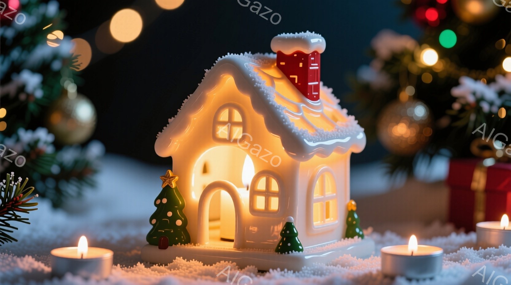 雪の降る夜を思わせる、温かい光を放つ小さな家が中央にあります。家の周りには、ロウソクの灯りが散りばめられ、背景には緑色のクリスマスツリーとギフトボックスが見え、穏やかで幻想的な冬の雰囲気を醸し出しています。家の屋根には雪が積もり、暖炉から暖かい光が漏れ出し、クリスマスの温かいお祝いを連想させます。