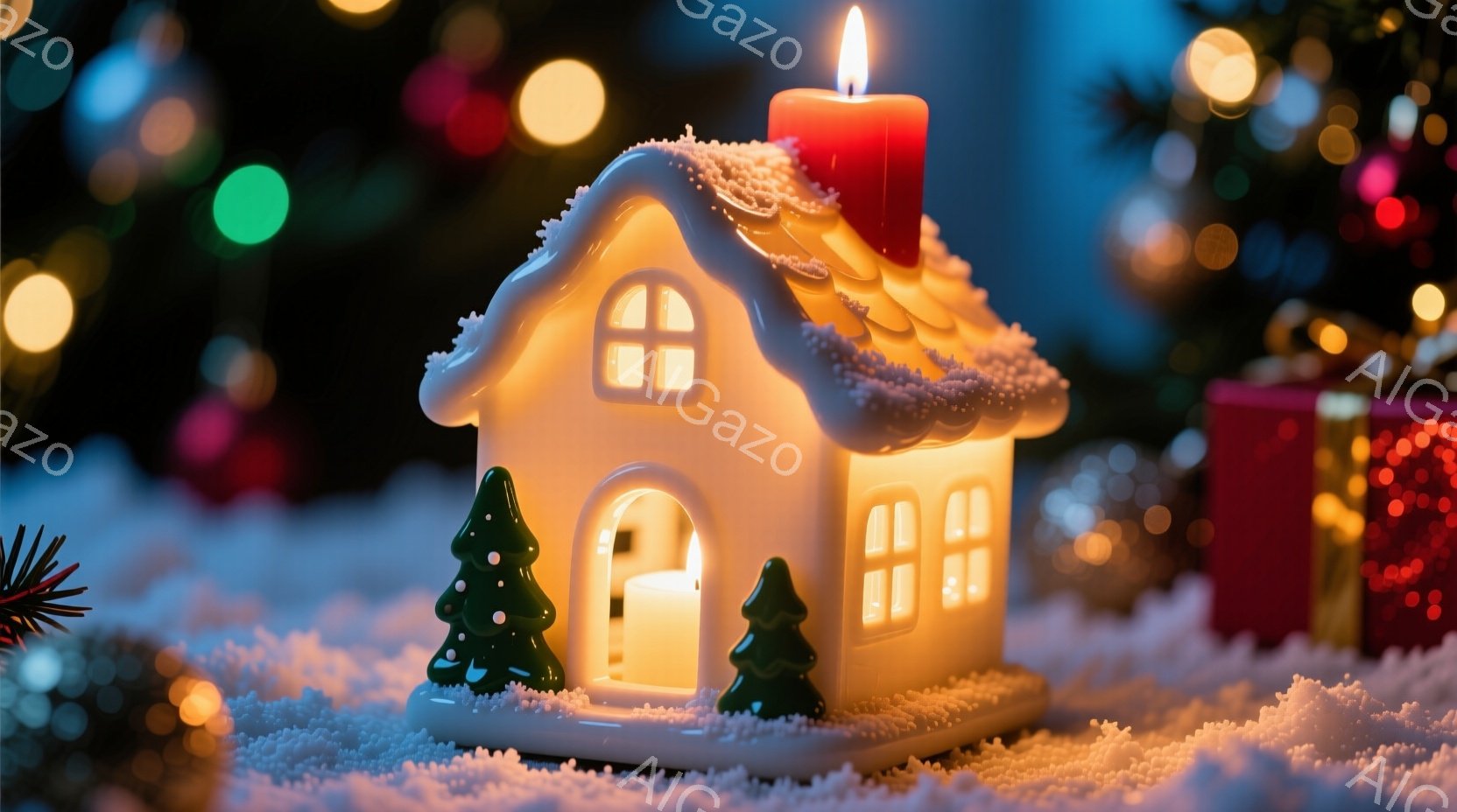 雪の覆われた白い家が、温かい光を放ちながら描かれている。背景にはぼやけたクリスマスツリーのライトが輝き、雪の風景の中に暖かさと幻想的な雰囲気を醸し出している。緑色の小さな木々が家の両側に配置され、可愛らしい冬の情景が表現されている。